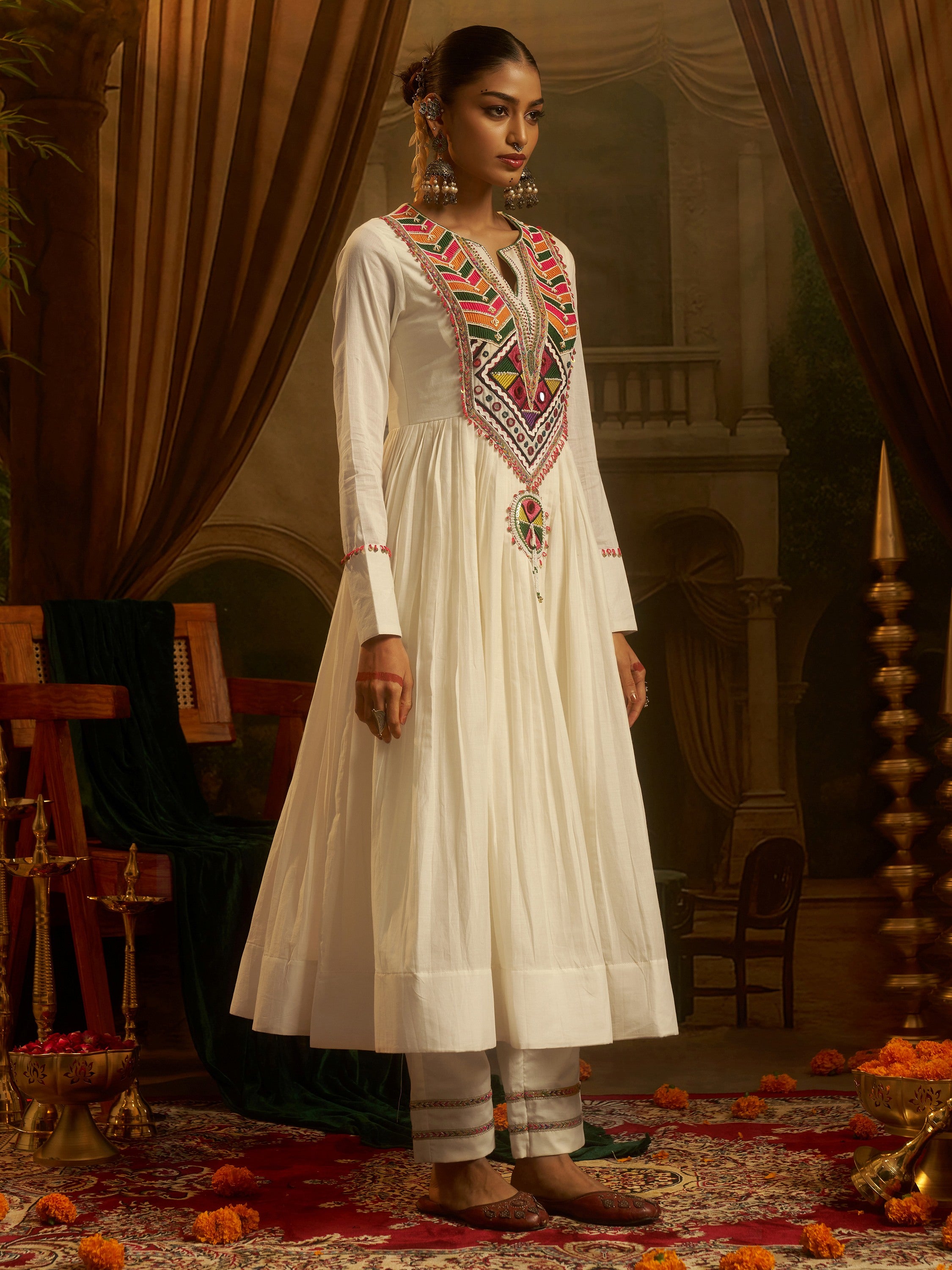 Wonderful Off White Bead Work Cotton Navratri Special Kurti Set