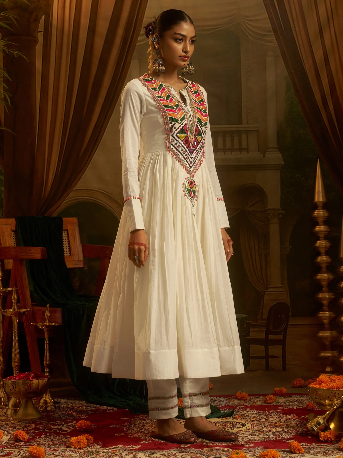 Wonderful Off White Bead Work Cotton Navratri Special Kurti Set