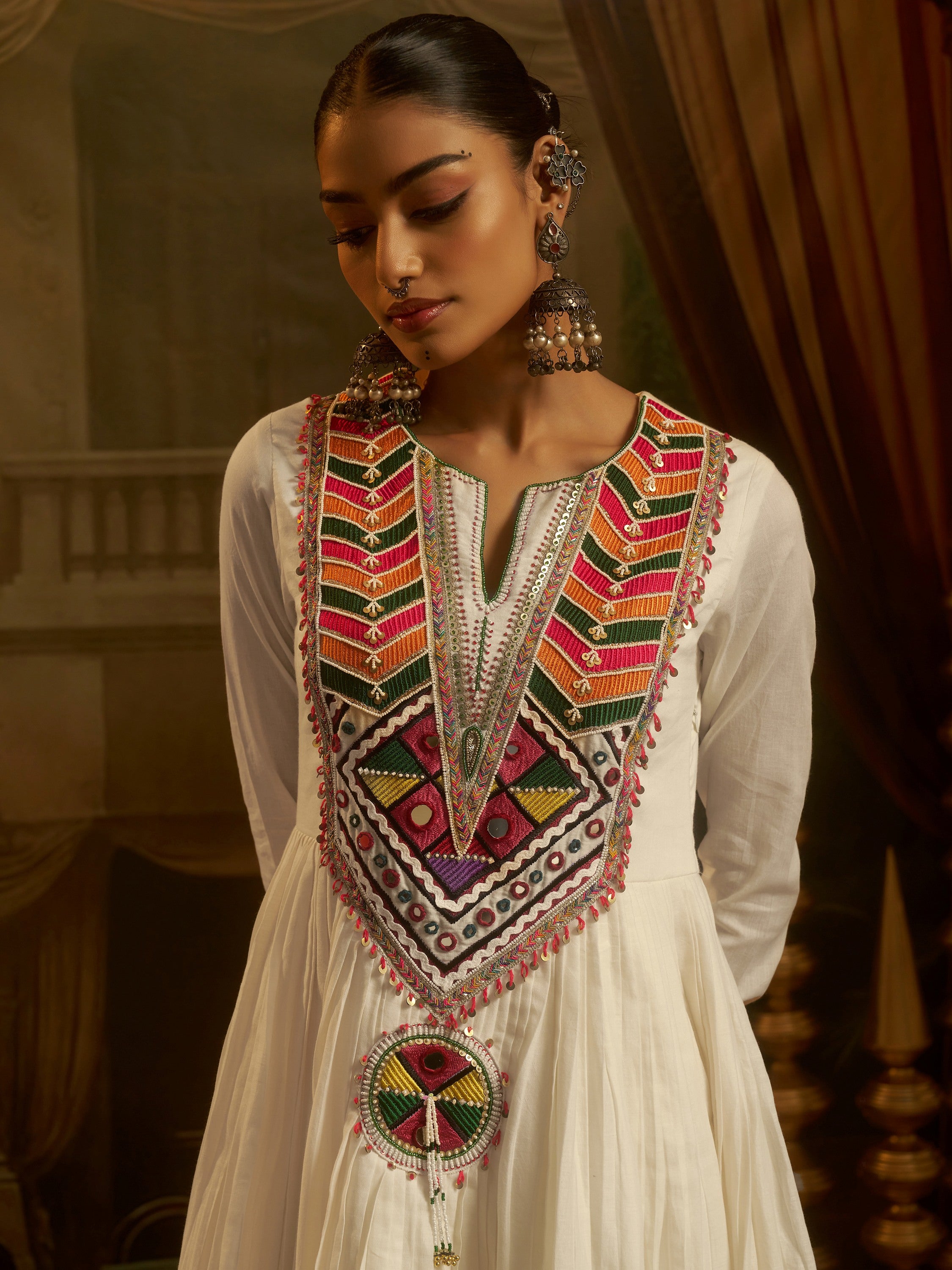 Wonderful Off White Bead Work Cotton Navratri Special Kurti Set