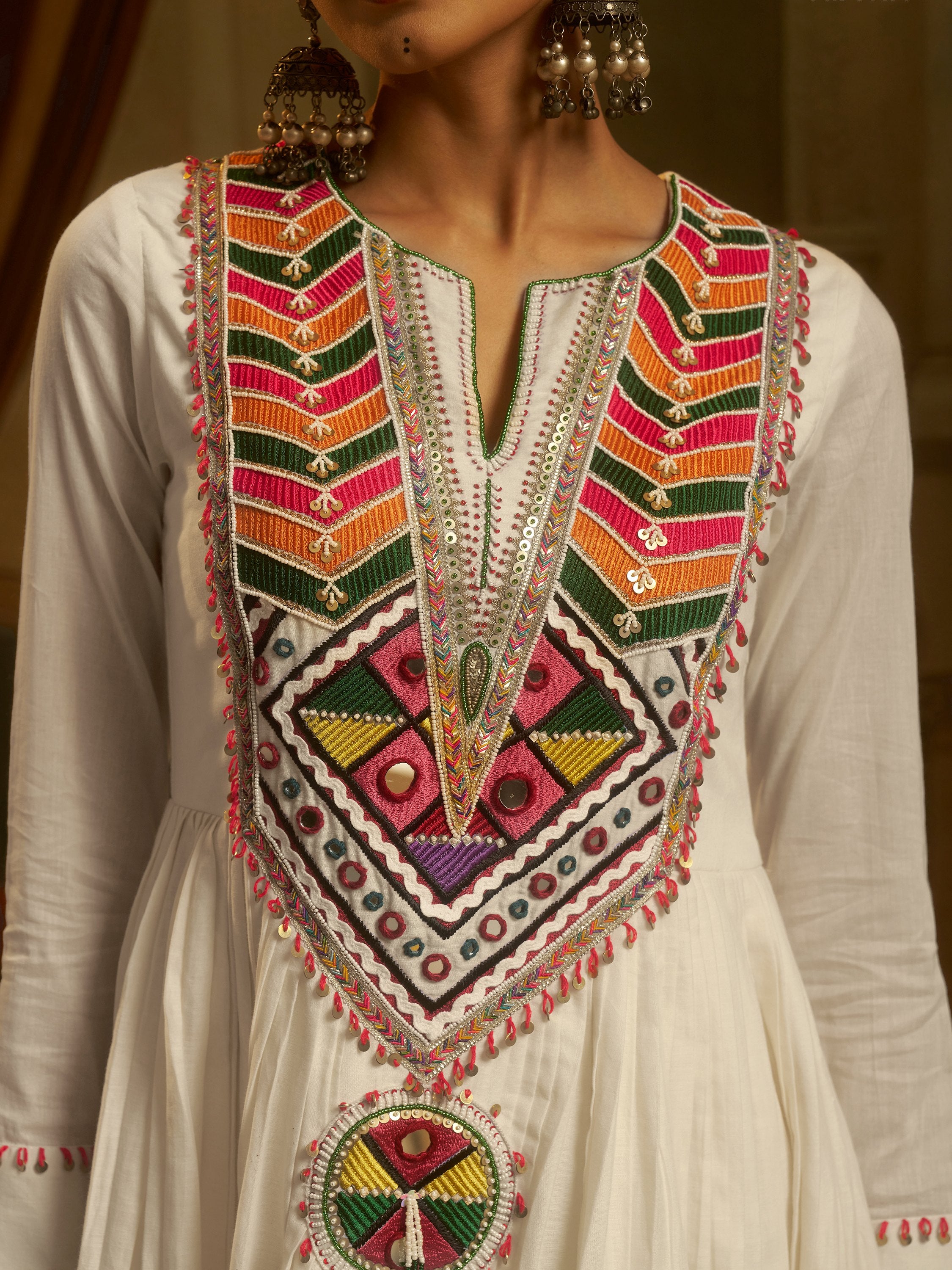 Wonderful Off White Bead Work Cotton Navratri Special Kurti Set