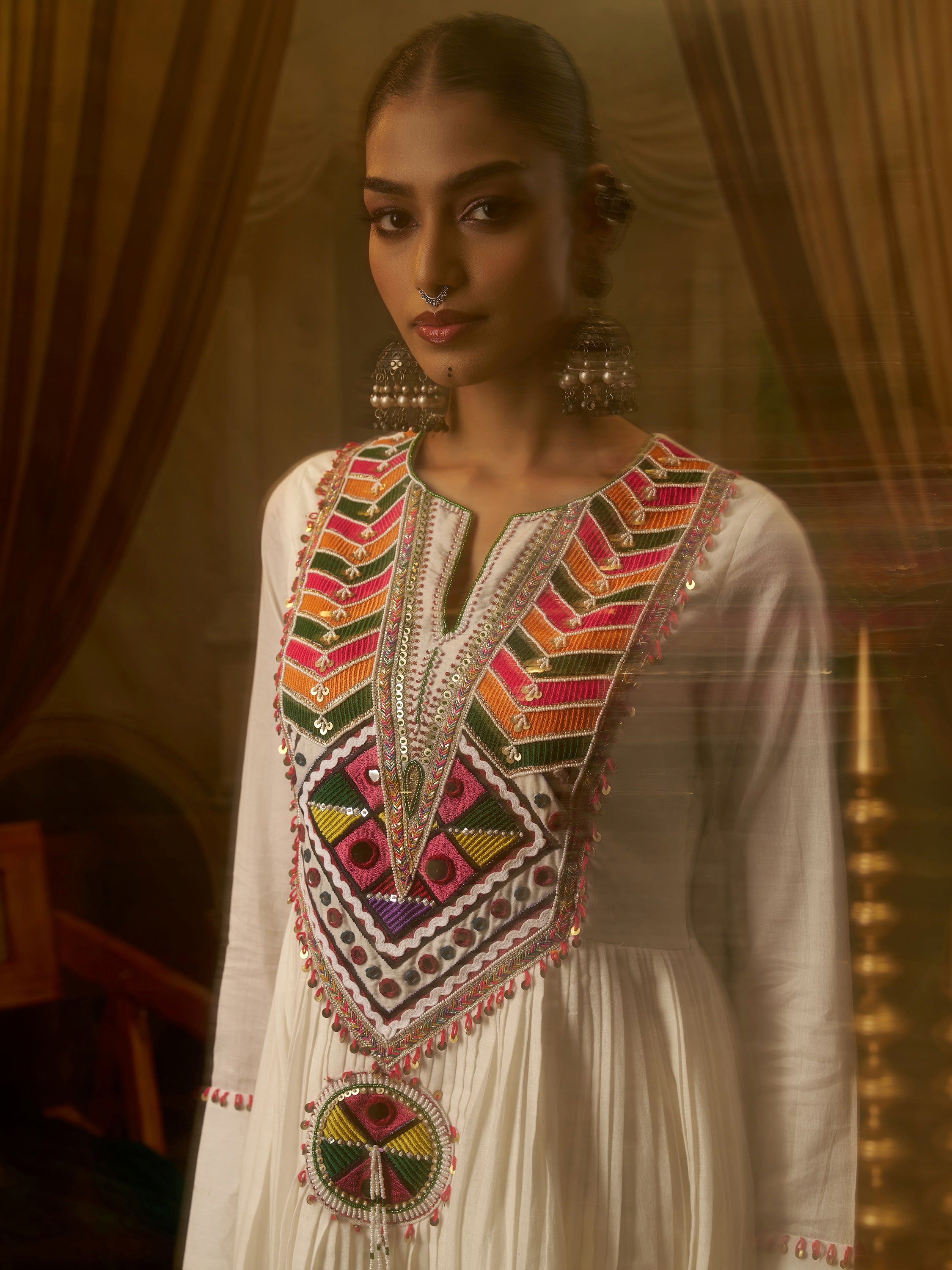 Wonderful Off White Bead Work Cotton Navratri Special Kurti Set