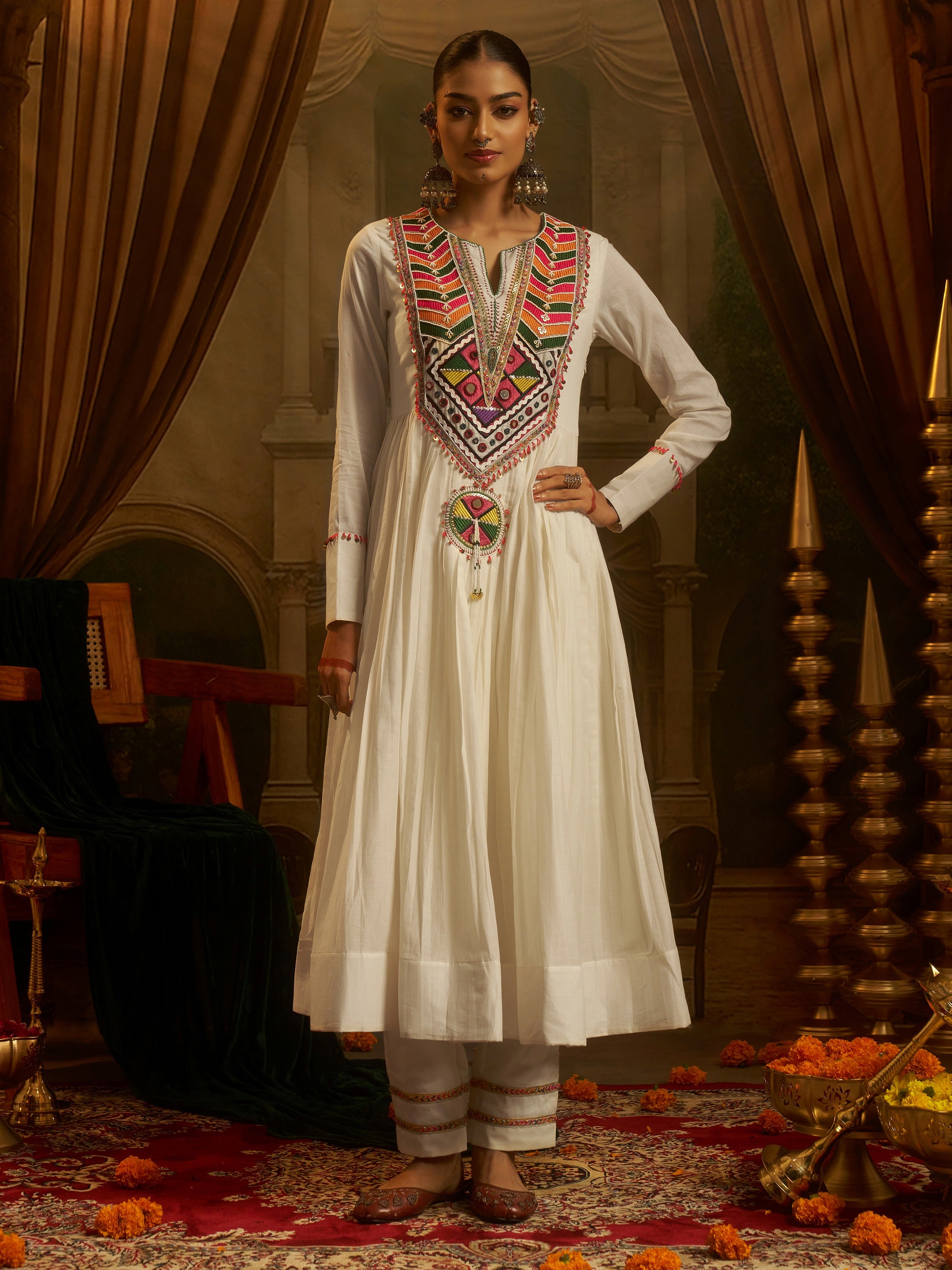 Wonderful Off White Bead Work Cotton Navratri Special Kurti Set