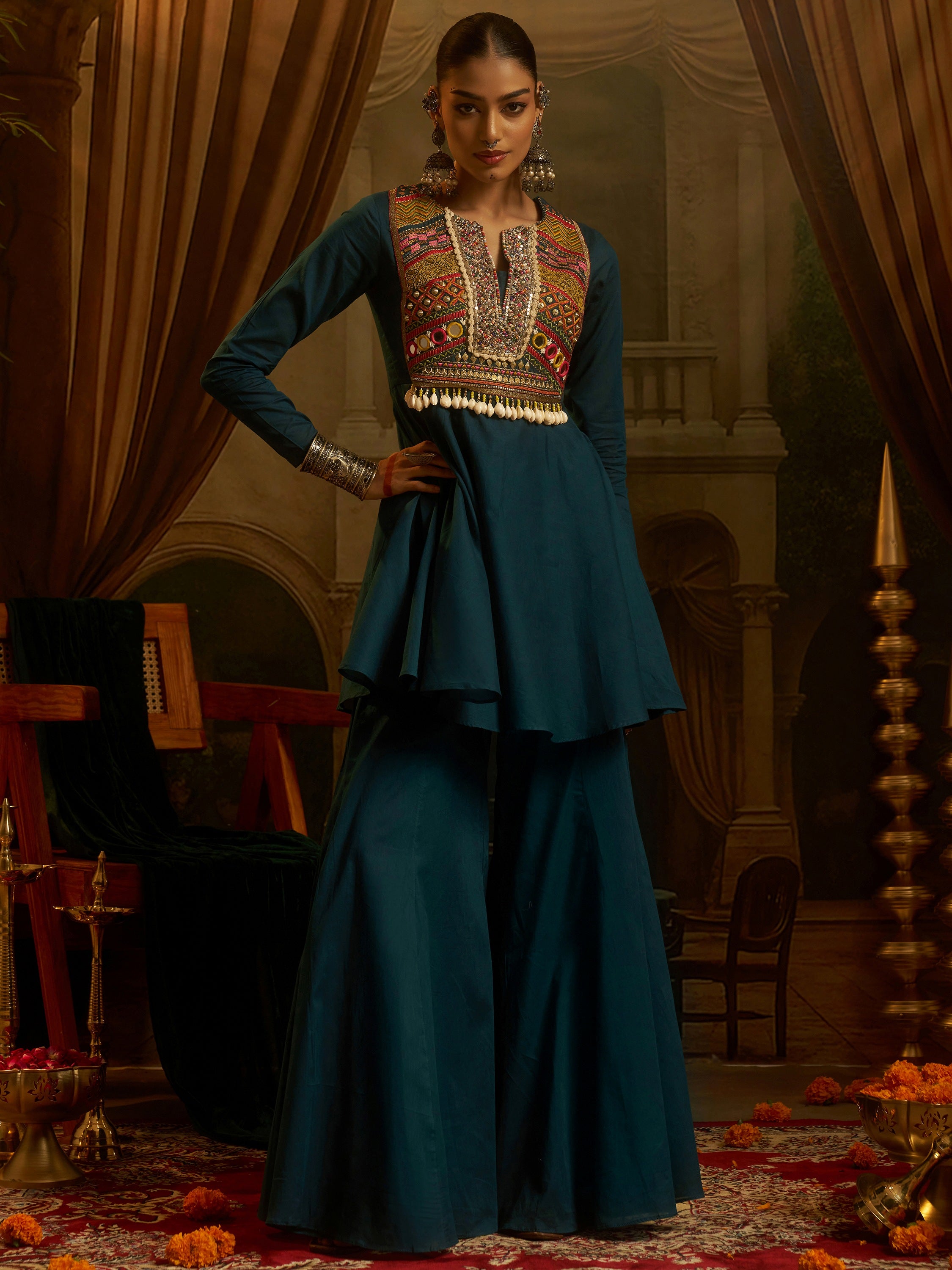 Fantastic Teal Blue Thread Work Cotton Navratri Wear Sharara Suit