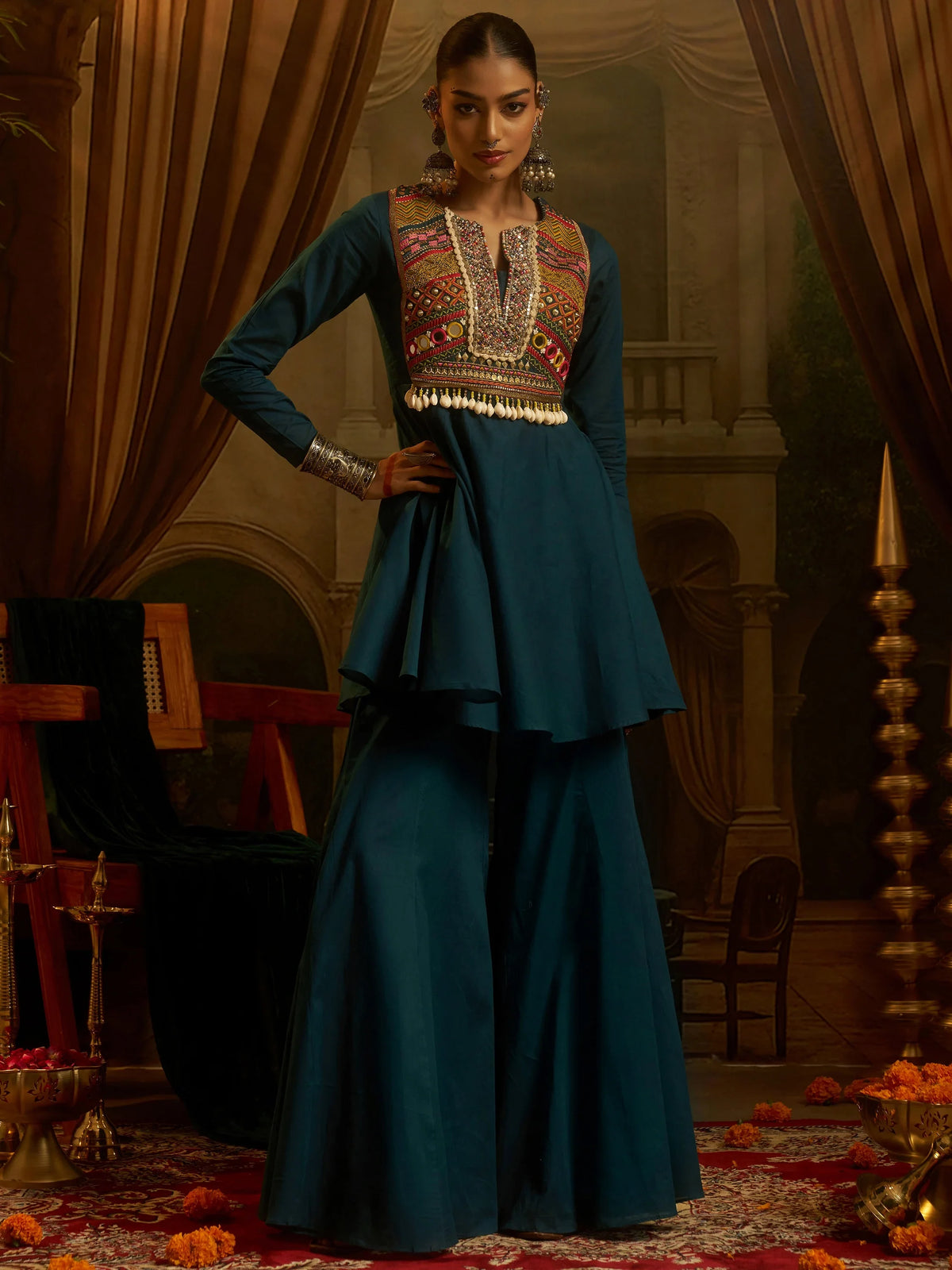 Fantastic Teal Blue Thread Work Cotton Navratri Wear Sharara Suit
