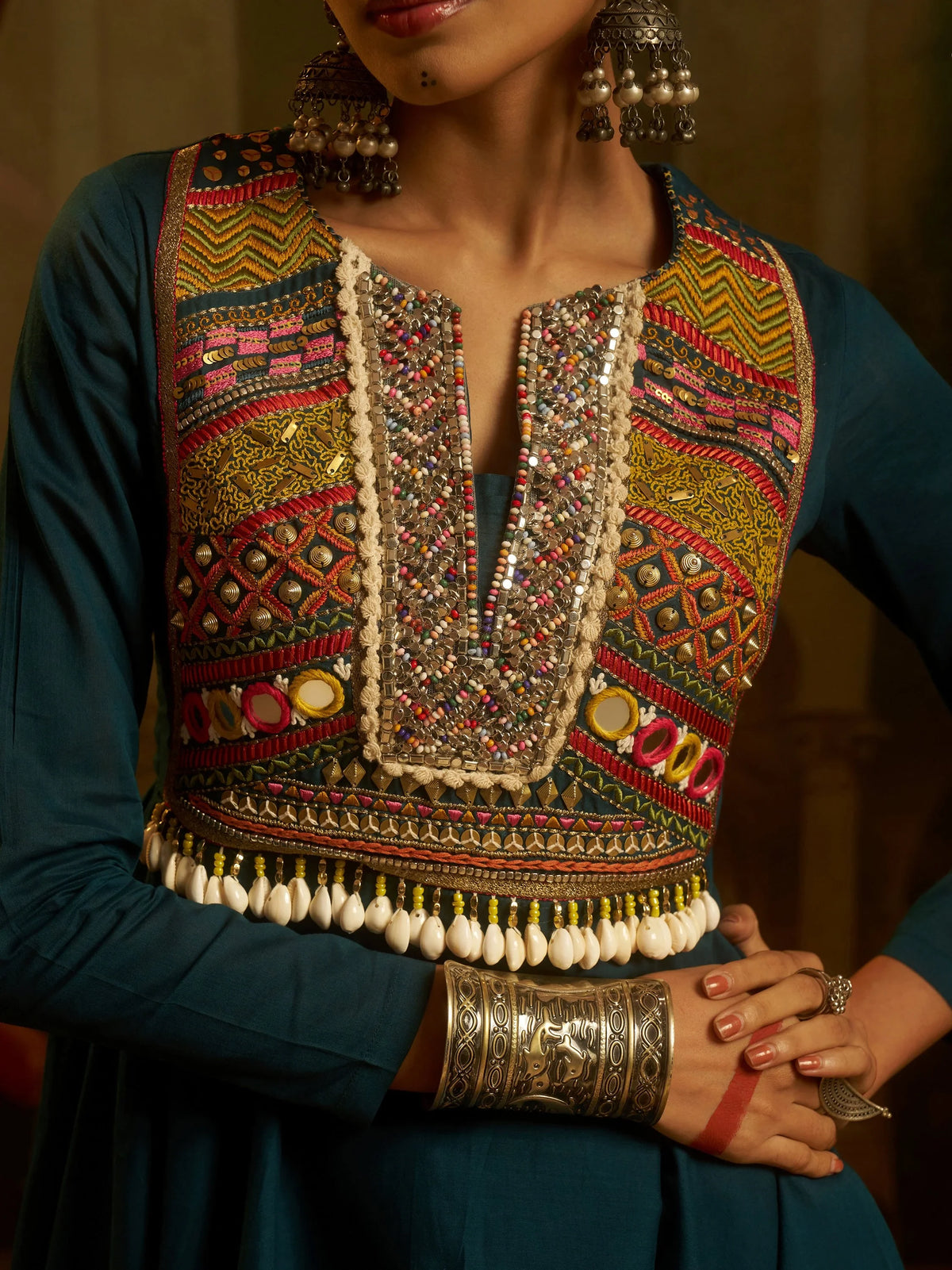 Fantastic Teal Blue Thread Work Cotton Navratri Wear Sharara Suit
