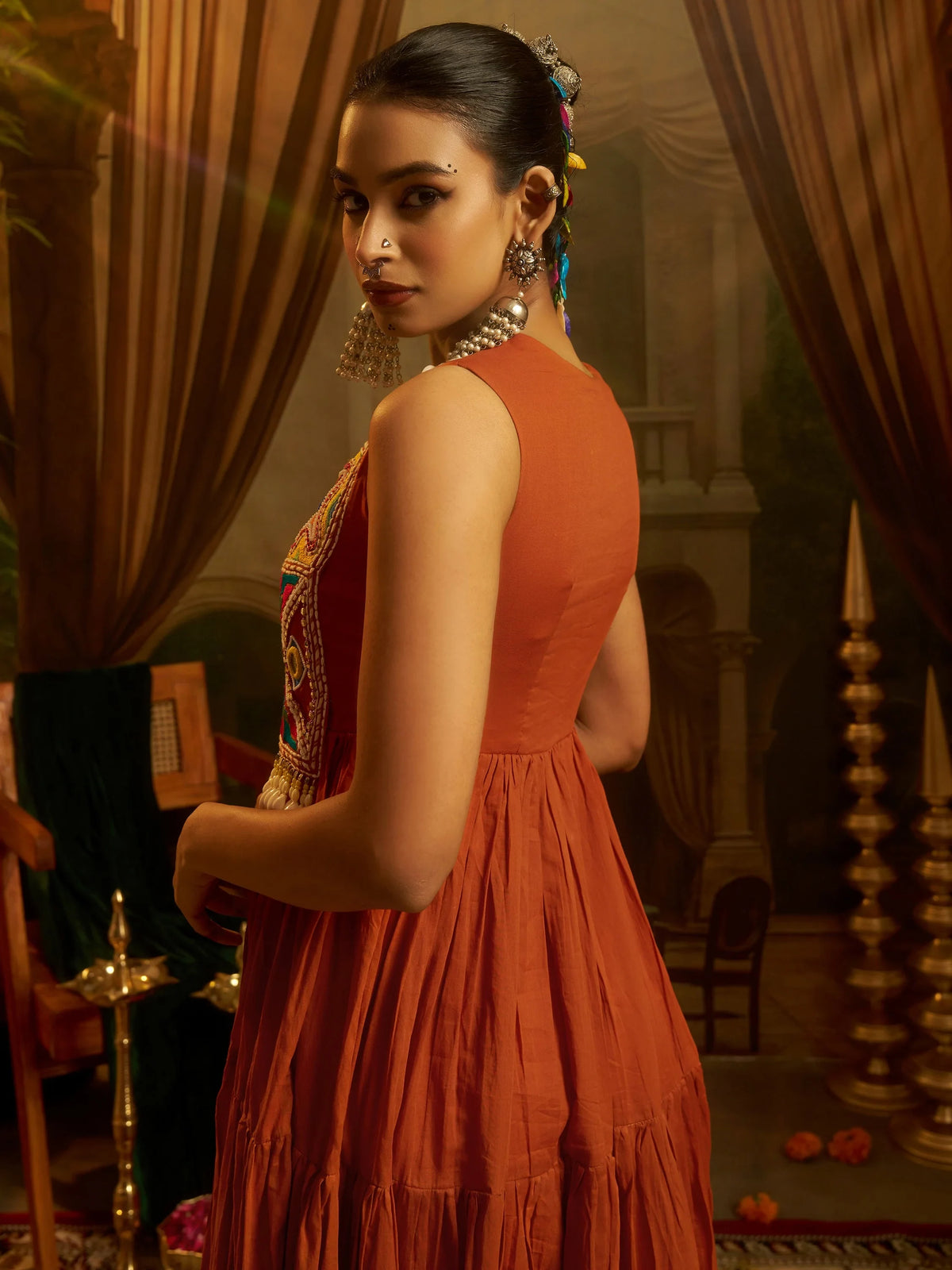 Aesthetic Rust Orange Thread Work Cotton Navratri Wear Gown