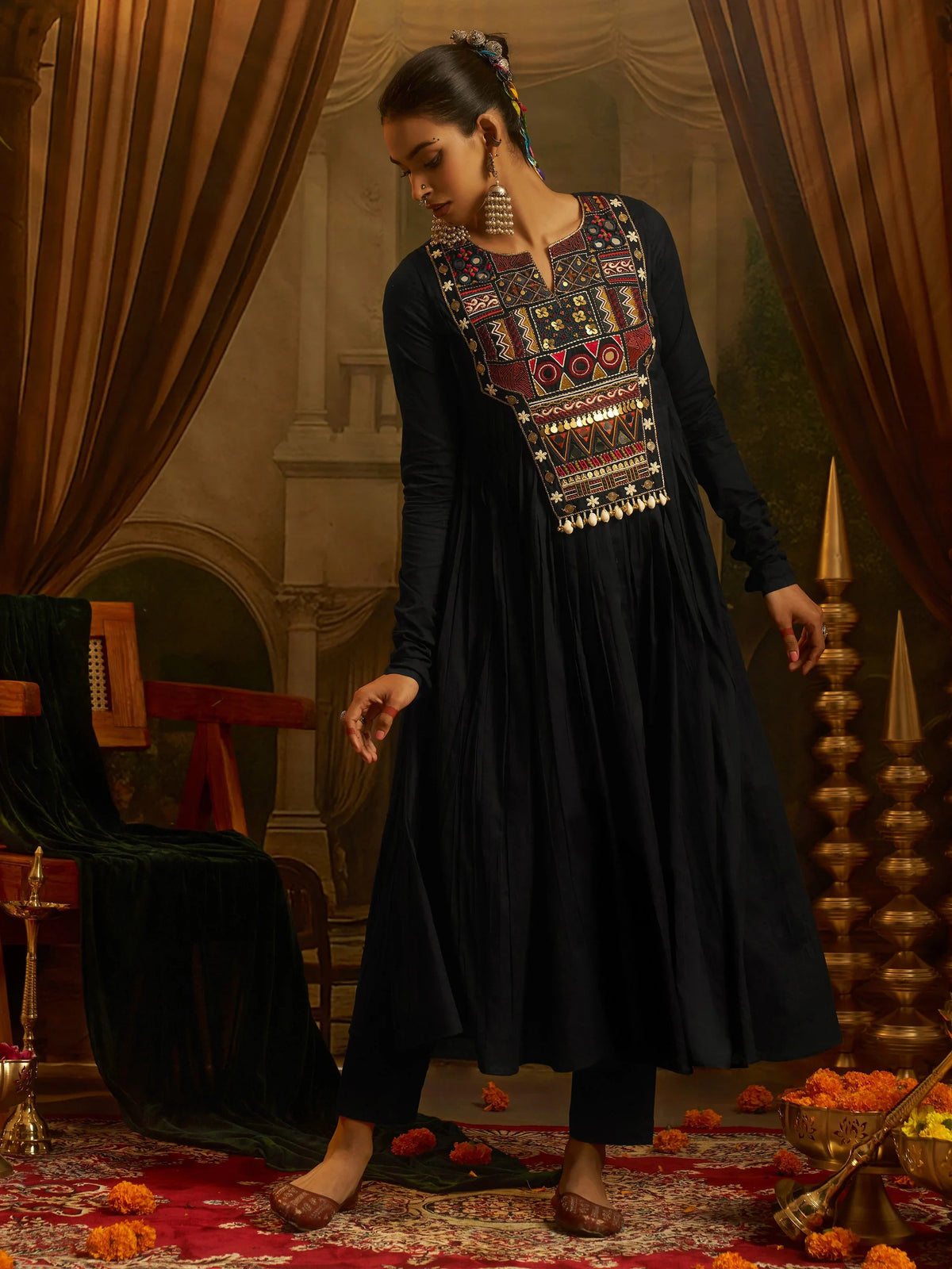 Graceful Black Thread Work Cotton Navratri Wear Kurti Set
