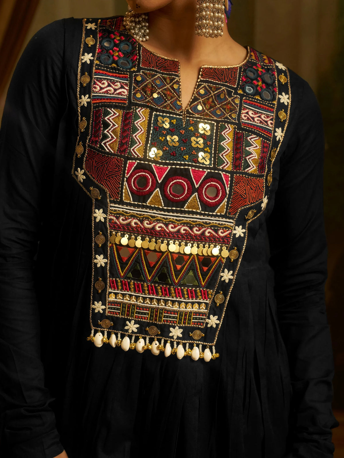 Graceful Black Thread Work Cotton Navratri Wear Kurti Set