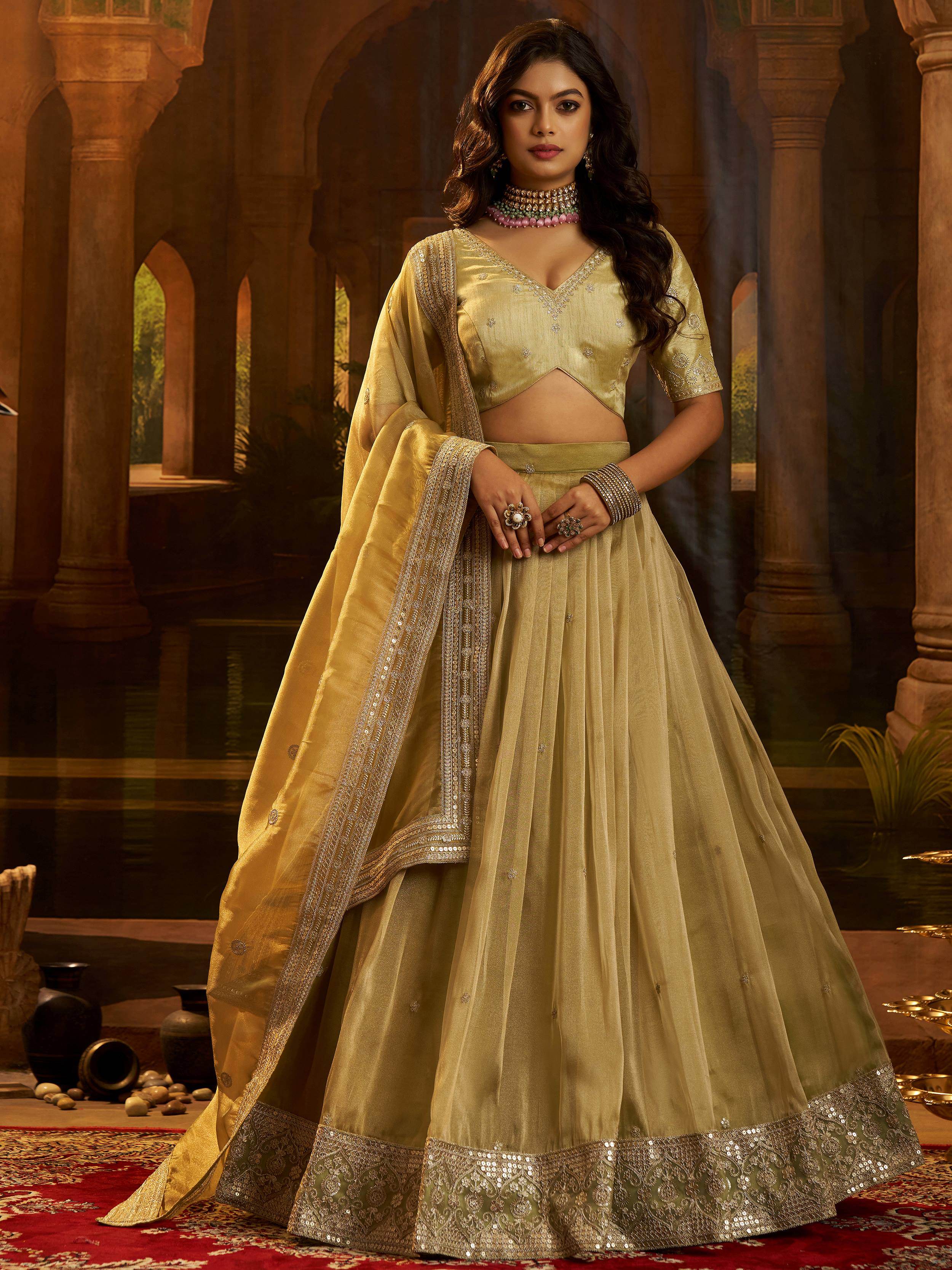 Stunning Golden Embroidered Organza Party Wear Lehenga Choli