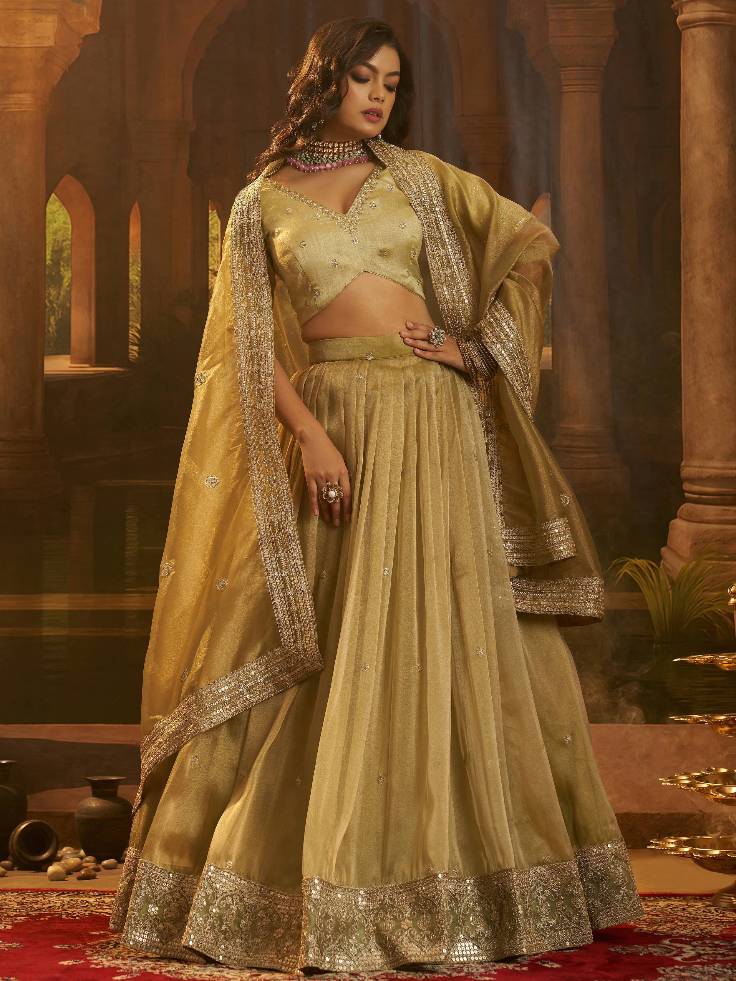Stunning Golden Embroidered Organza Party Wear Lehenga Choli