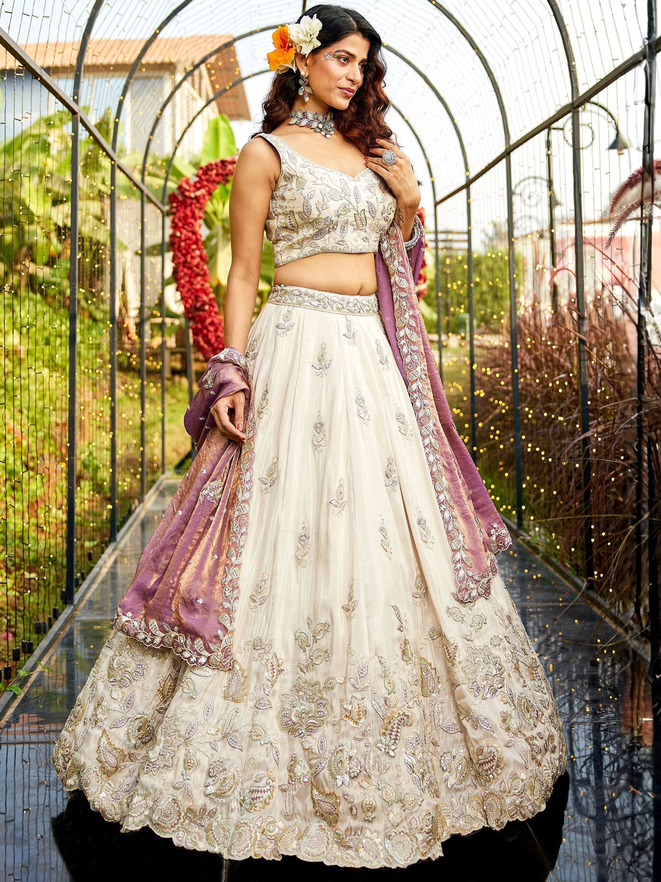Incredible Cream Embroidered Tissue Designer Lehenga Choli With Dupatta