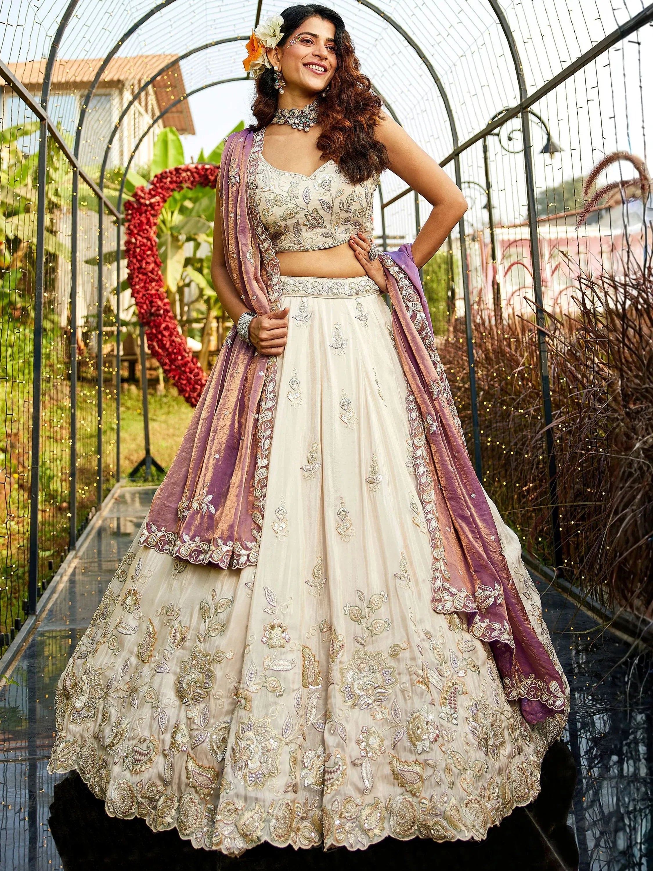 Incredible Cream Embroidered Tissue Designer Lehenga Choli With Dupatta