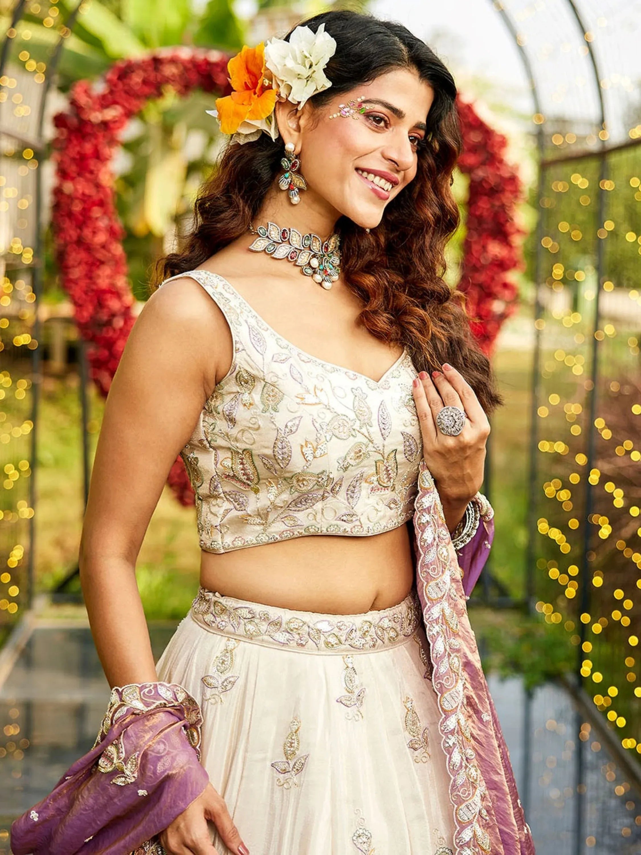 Incredible Cream Embroidered Tissue Designer Lehenga Choli With Dupatta