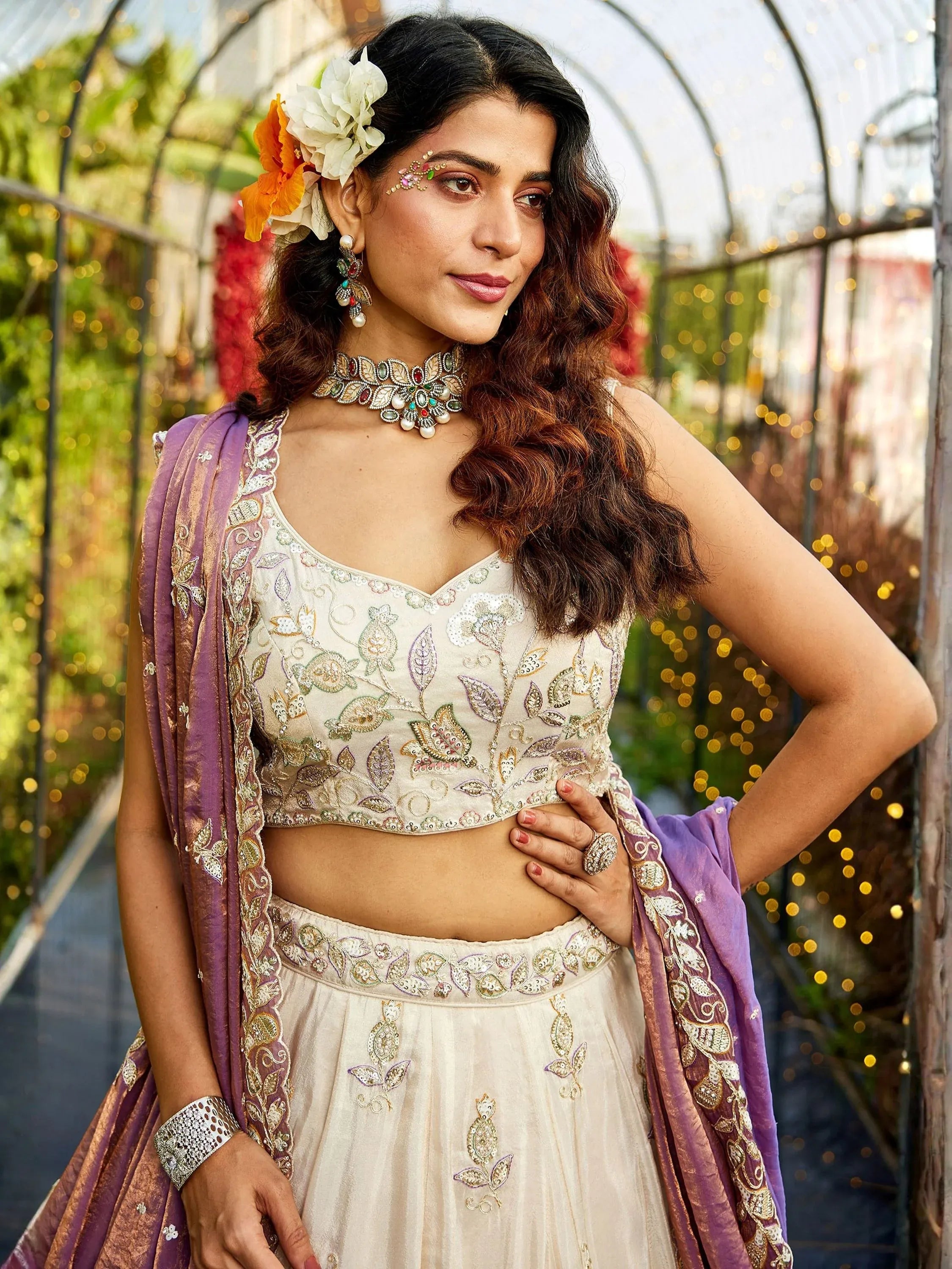 Incredible Cream Embroidered Tissue Designer Lehenga Choli With Dupatta