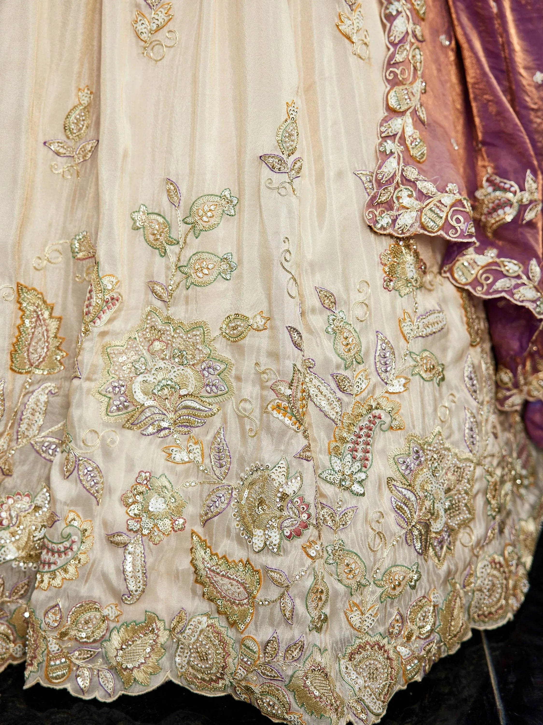 Incredible Cream Embroidered Tissue Designer Lehenga Choli With Dupatta
