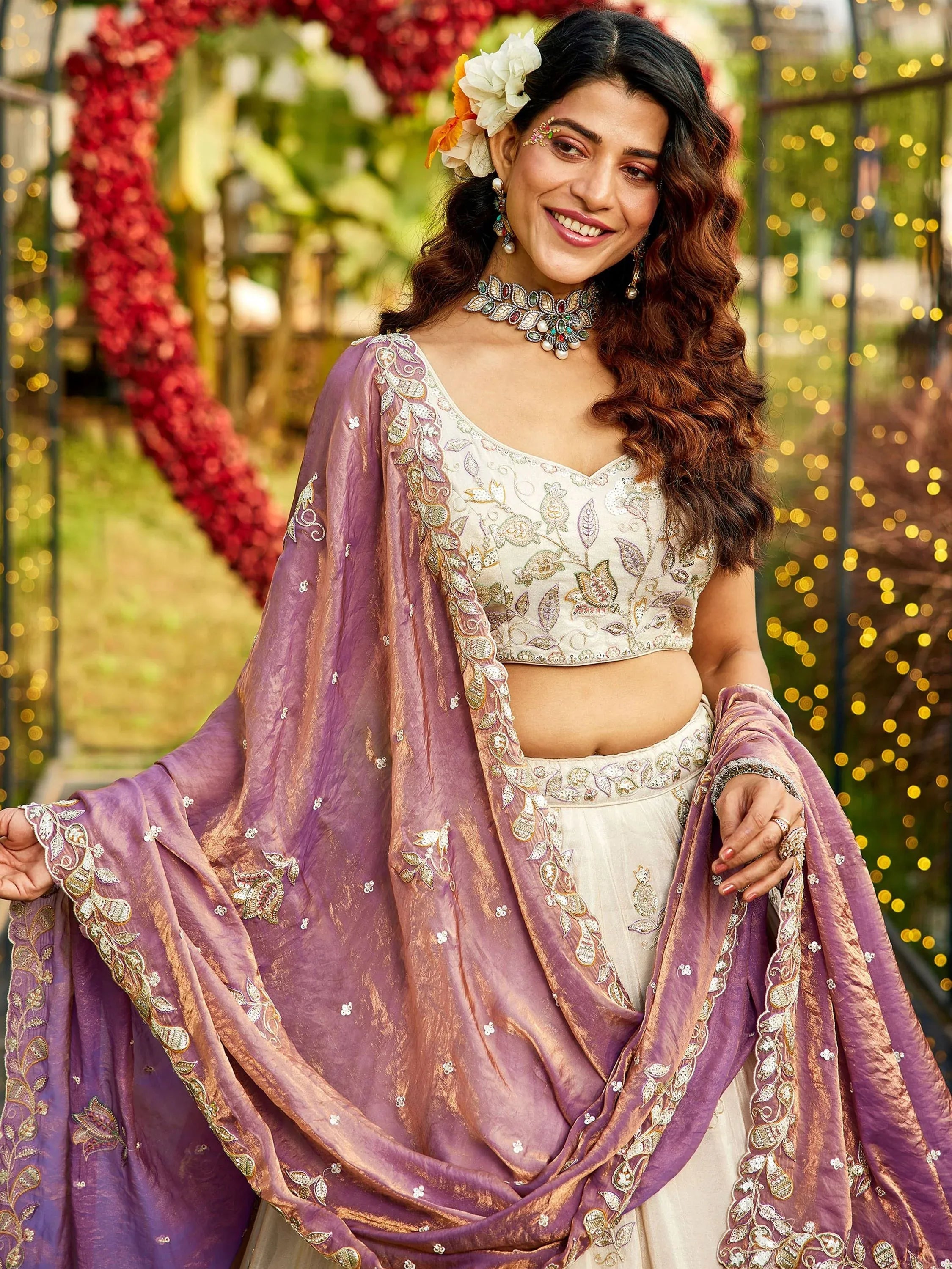 Incredible Cream Embroidered Tissue Designer Lehenga Choli With Dupatta