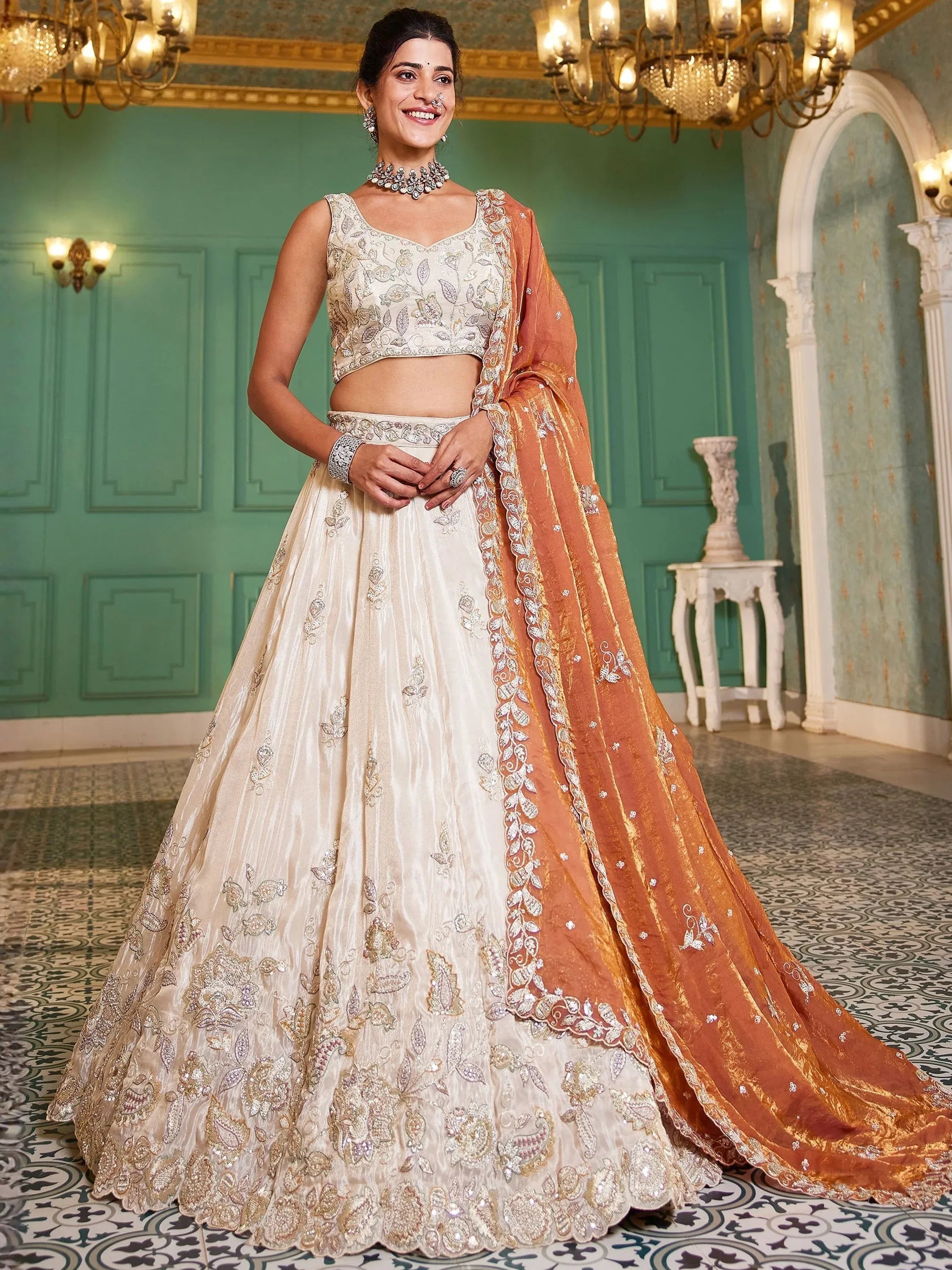 Marvelous Cream Sequins Tissue Reception Wear Lehenga With Blouse