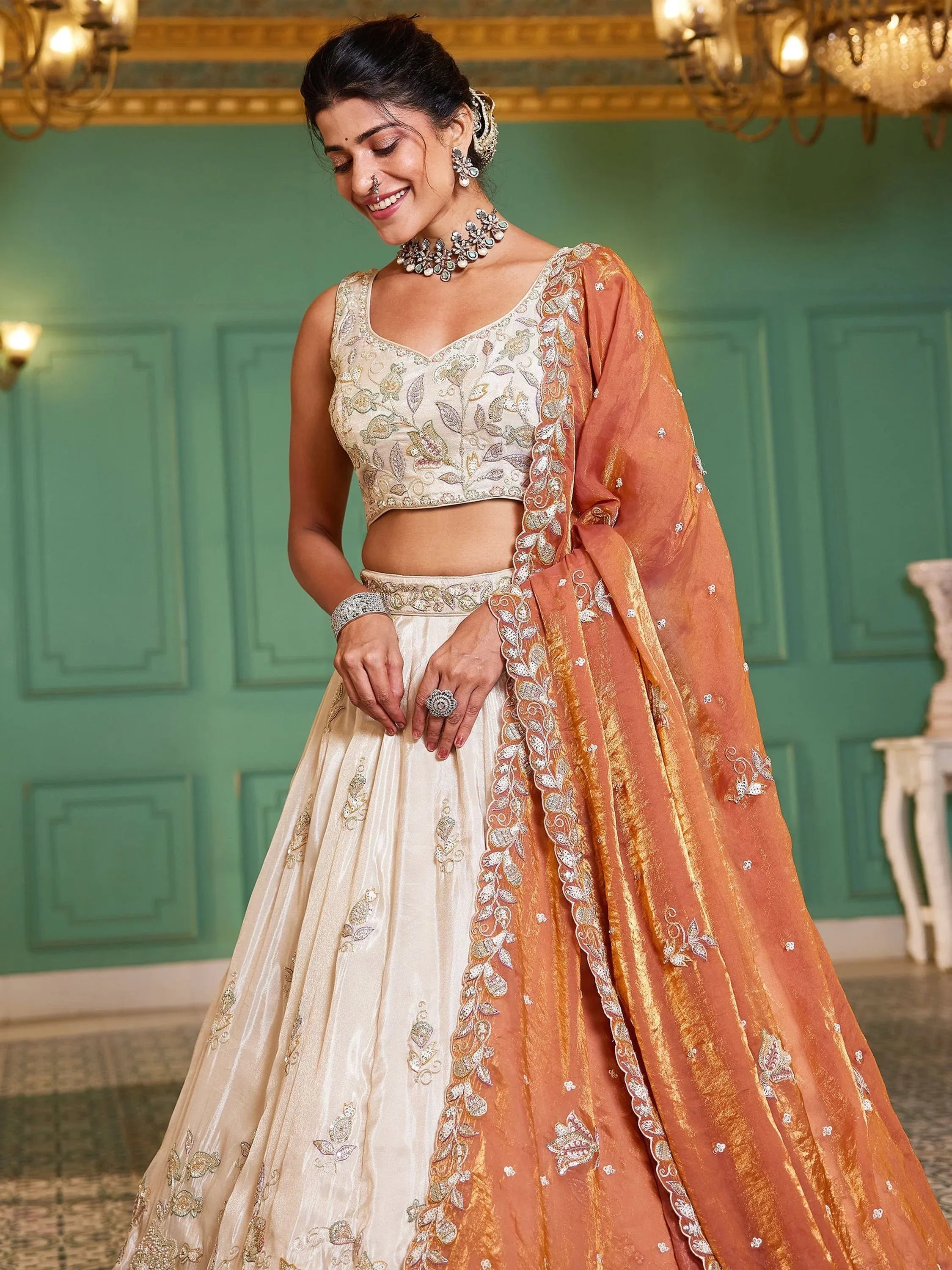 Marvelous Cream Sequins Tissue Reception Wear Lehenga With Blouse