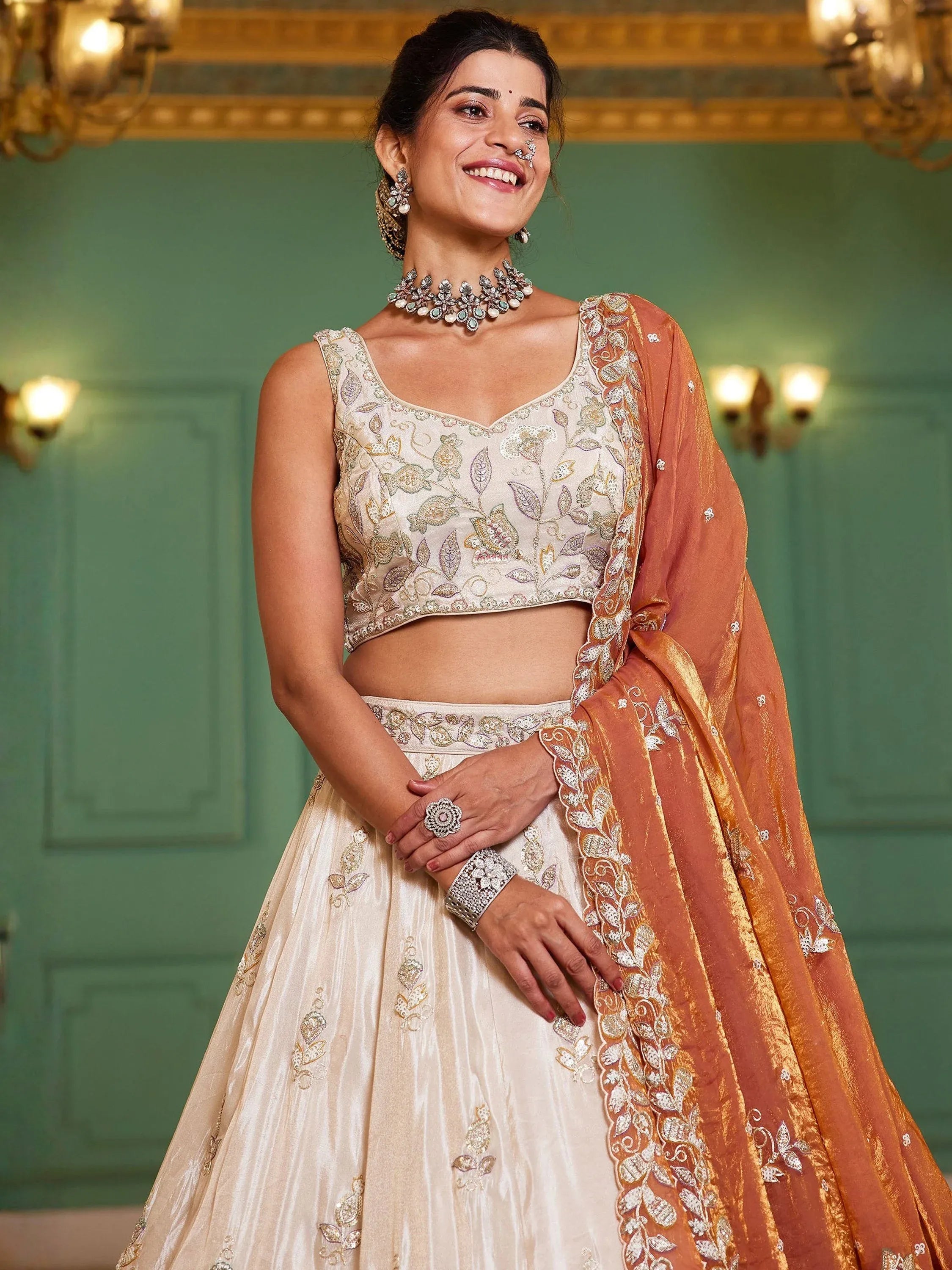Marvelous Cream Sequins Tissue Reception Wear Lehenga With Blouse