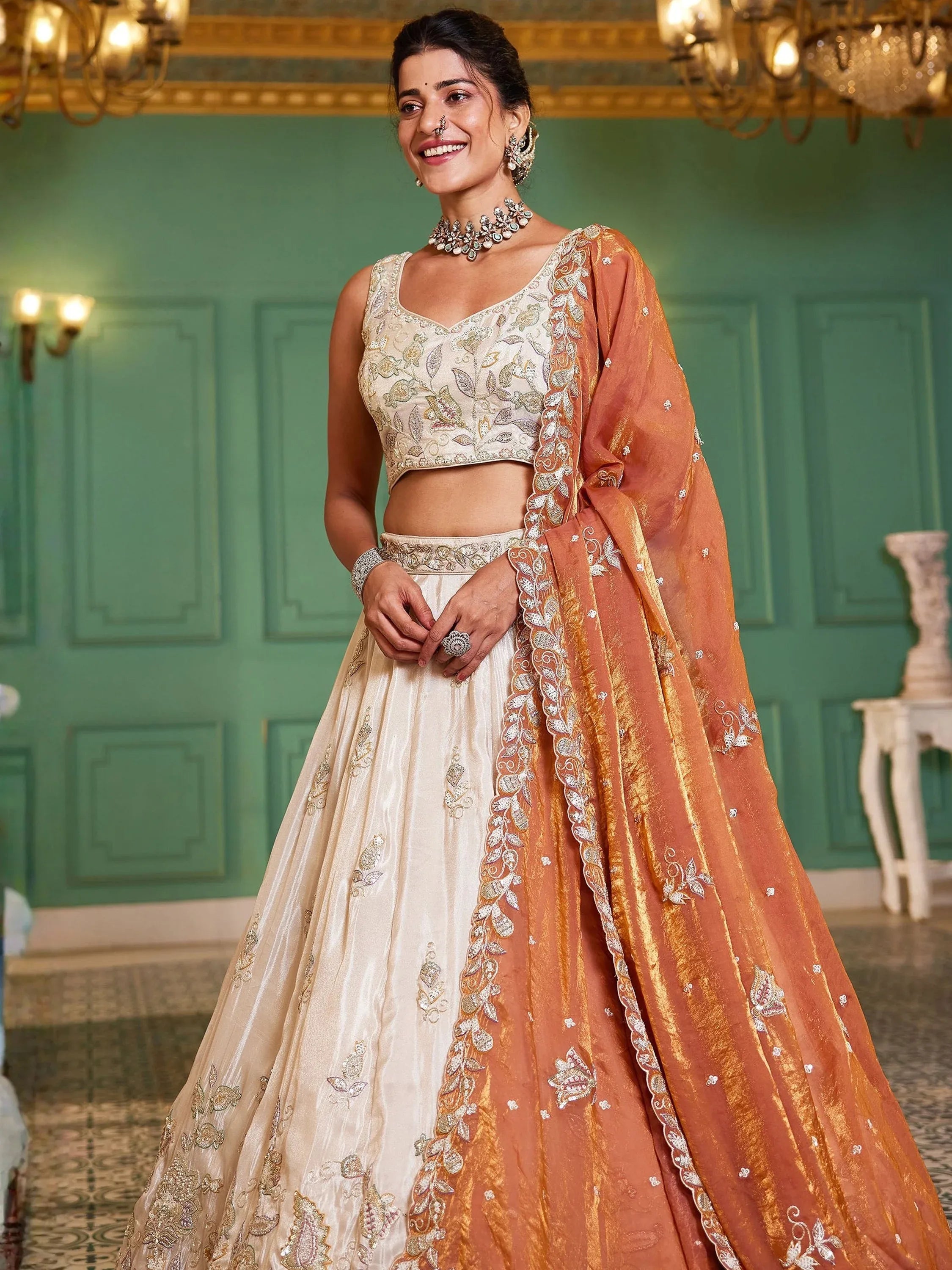 Marvelous Cream Sequins Tissue Reception Wear Lehenga With Blouse