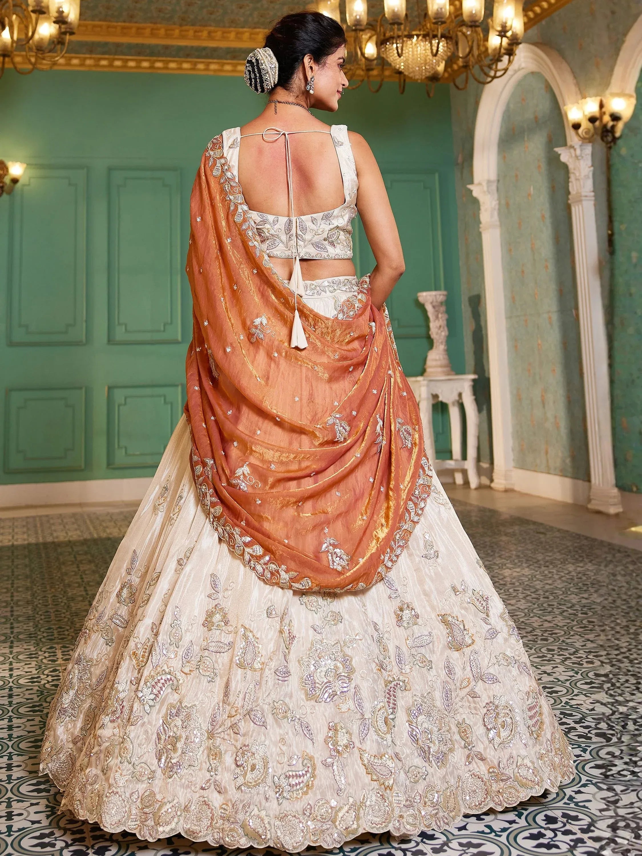 Marvelous Cream Sequins Tissue Reception Wear Lehenga With Blouse