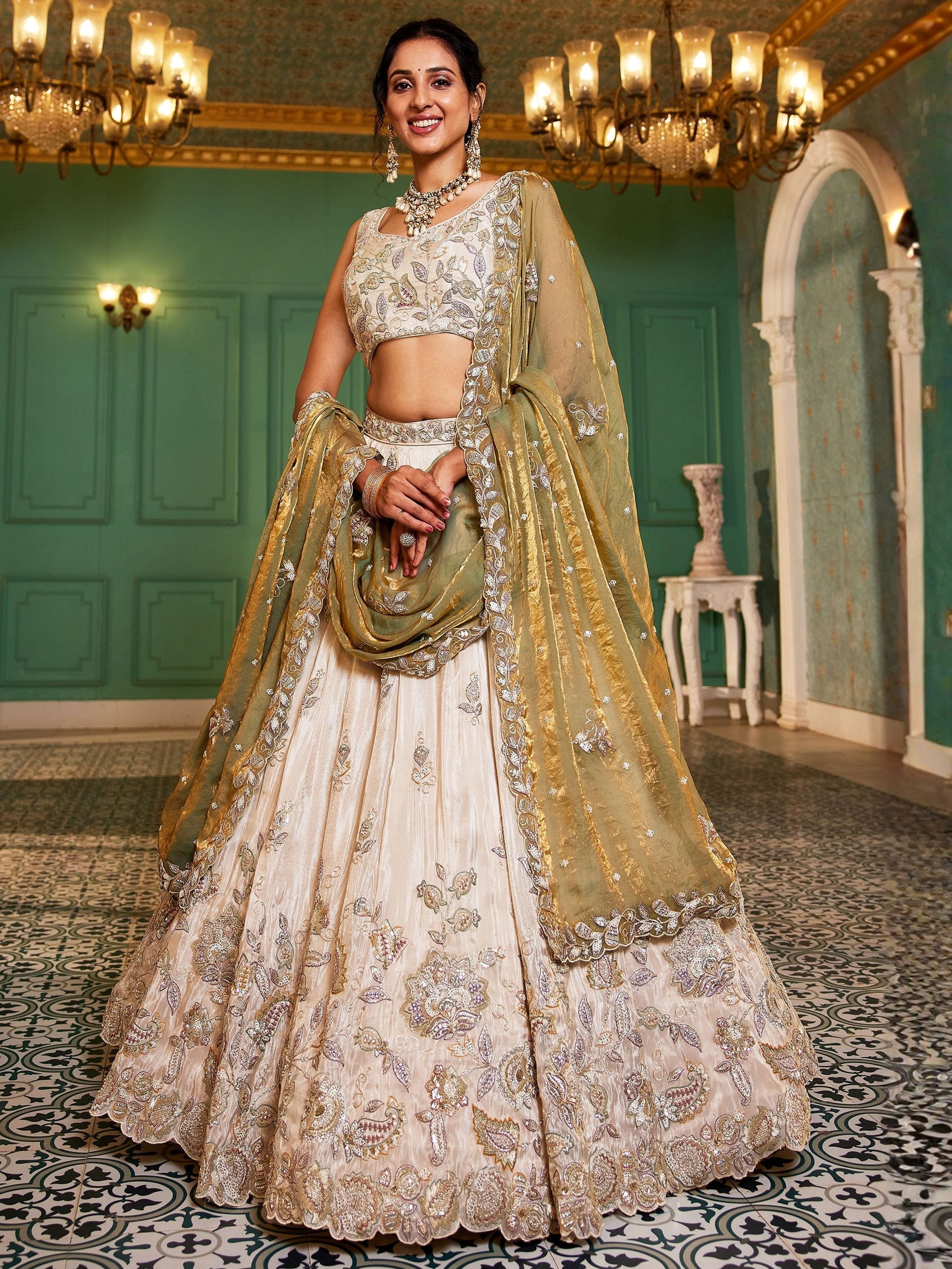 Stunning Cream Zari Embroidered Tissue Engagement Wear Lehenga Choli