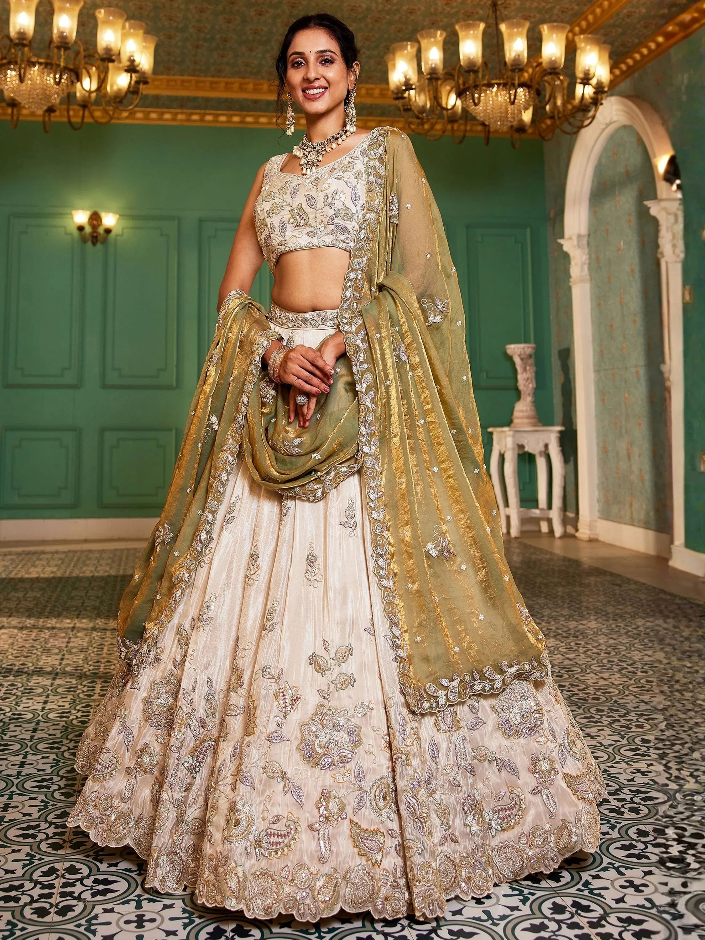 Stunning Cream Zari Embroidered Tissue Engagement Wear Lehenga Choli