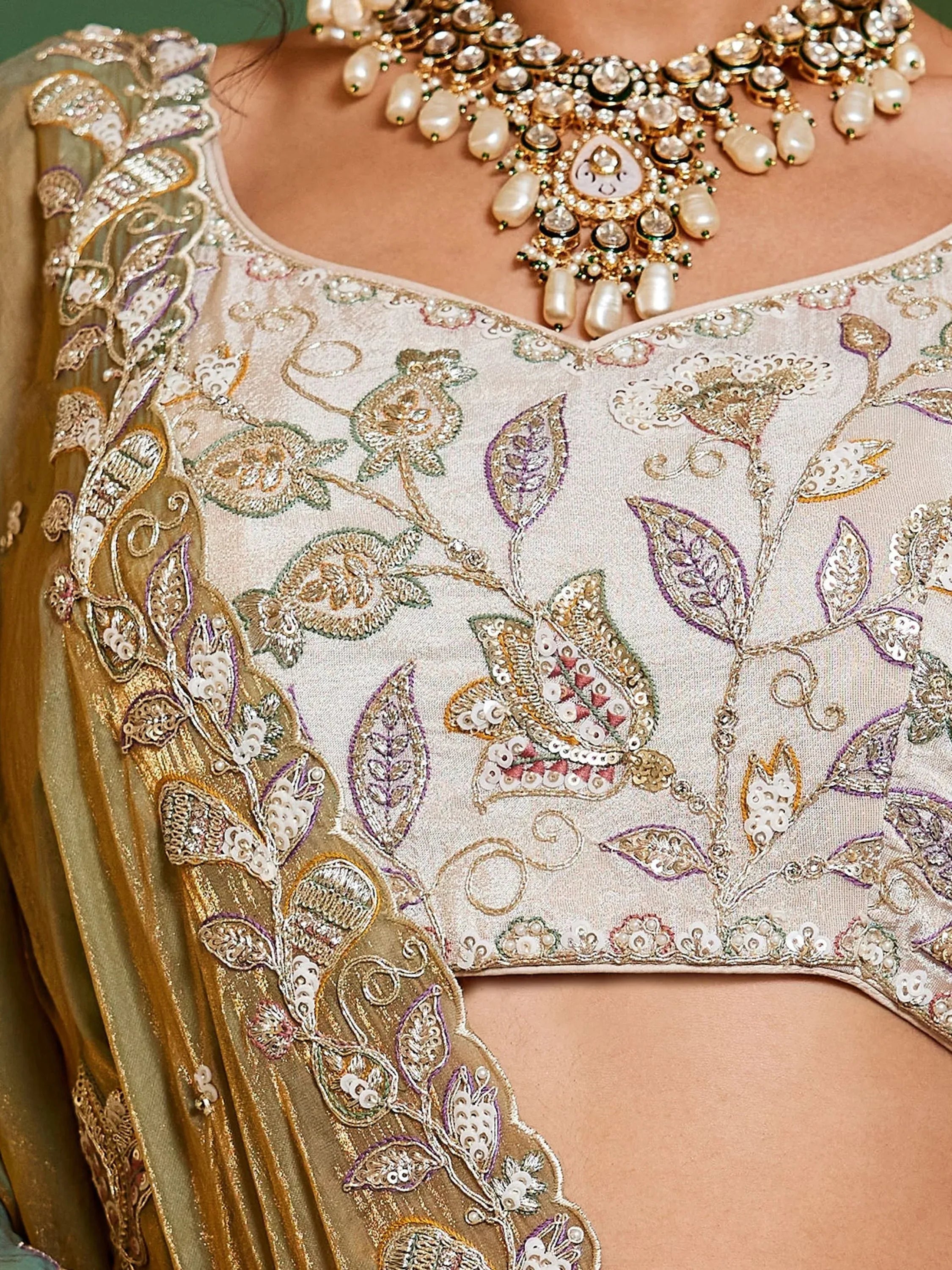 Stunning Cream Zari Embroidered Tissue Engagement Wear Lehenga Choli