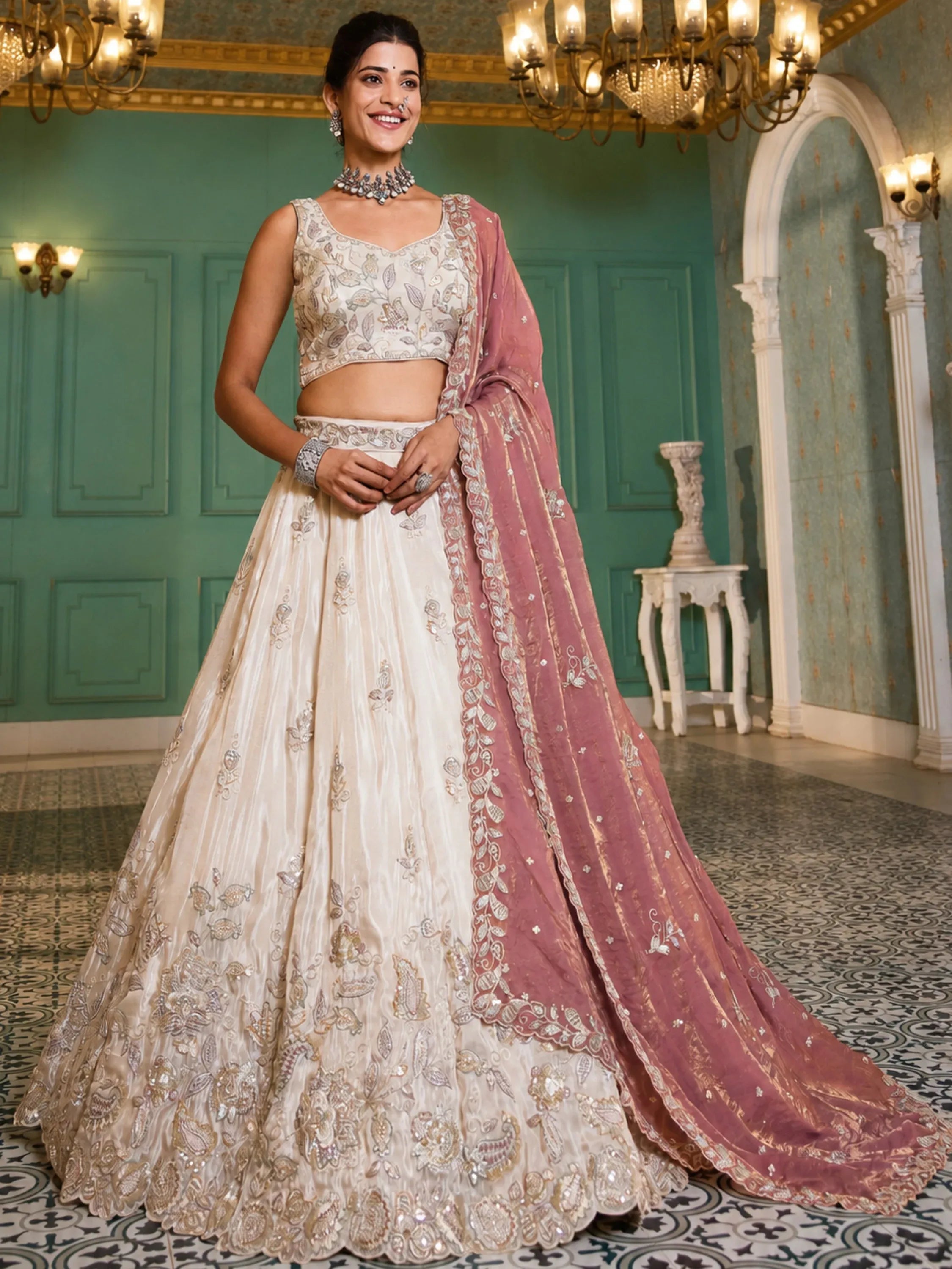 Splendid Cream Dori Embroidered Tissue Wedding Wear Lehenga Choli