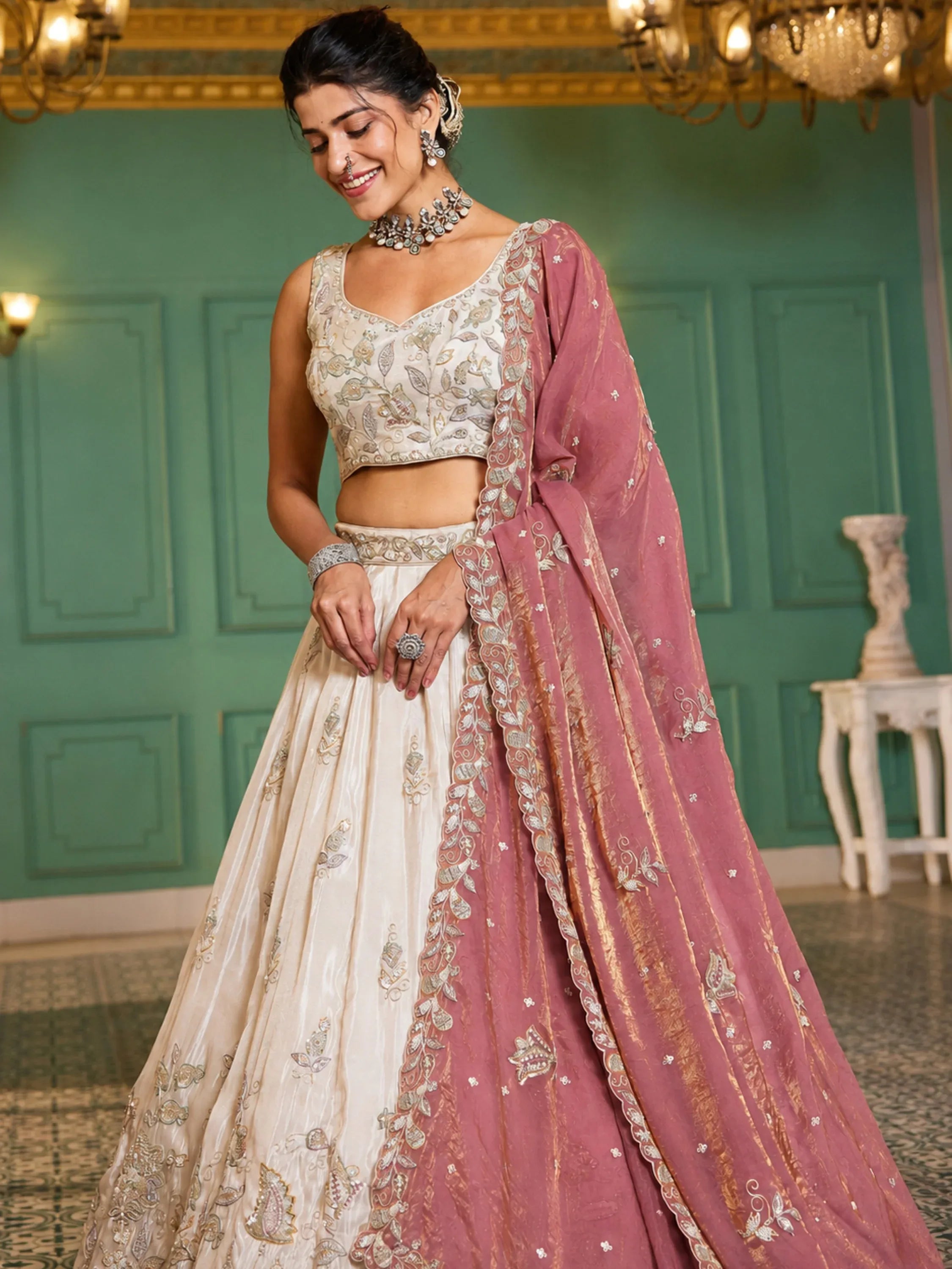 Splendid Cream Dori Embroidered Tissue Wedding Wear Lehenga Choli