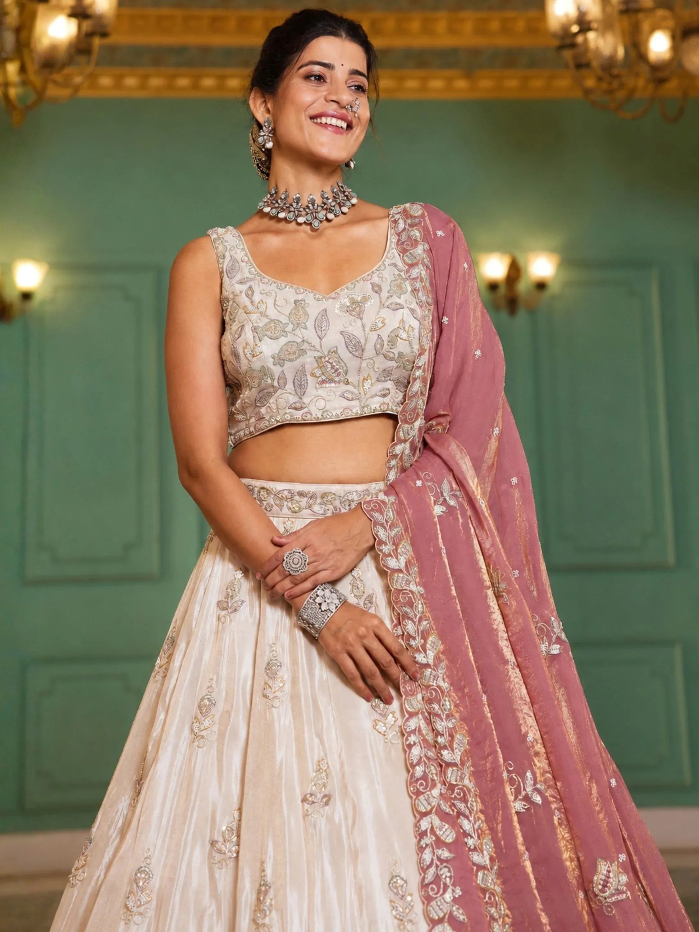 Splendid Cream Dori Embroidered Tissue Wedding Wear Lehenga Choli