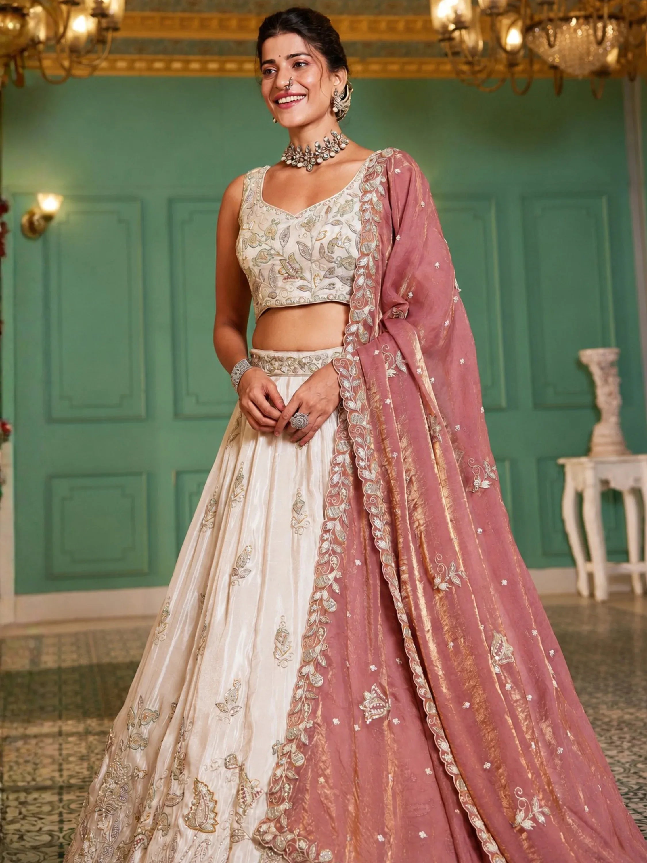 Splendid Cream Dori Embroidered Tissue Wedding Wear Lehenga Choli