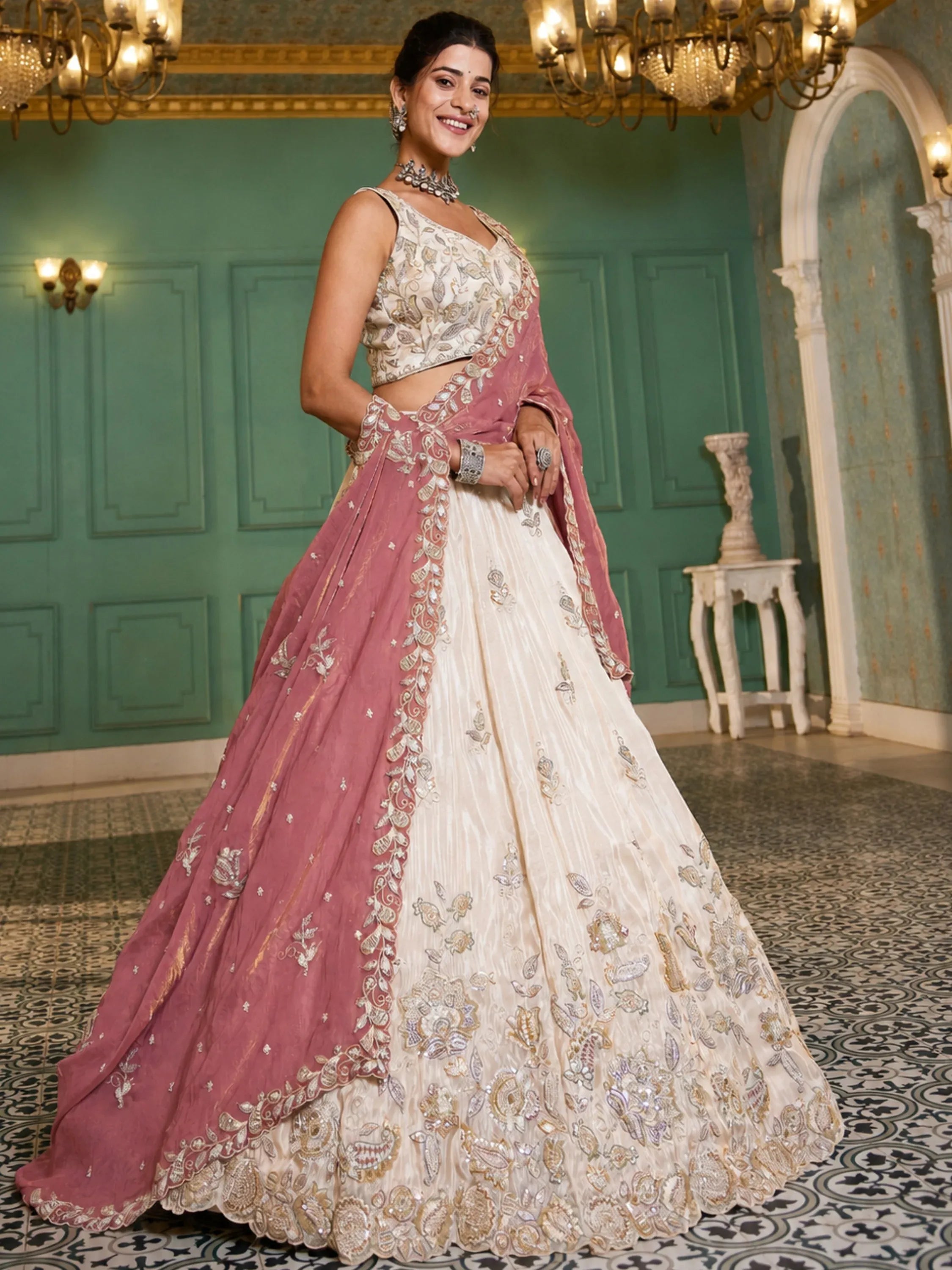 Splendid Cream Dori Embroidered Tissue Wedding Wear Lehenga Choli