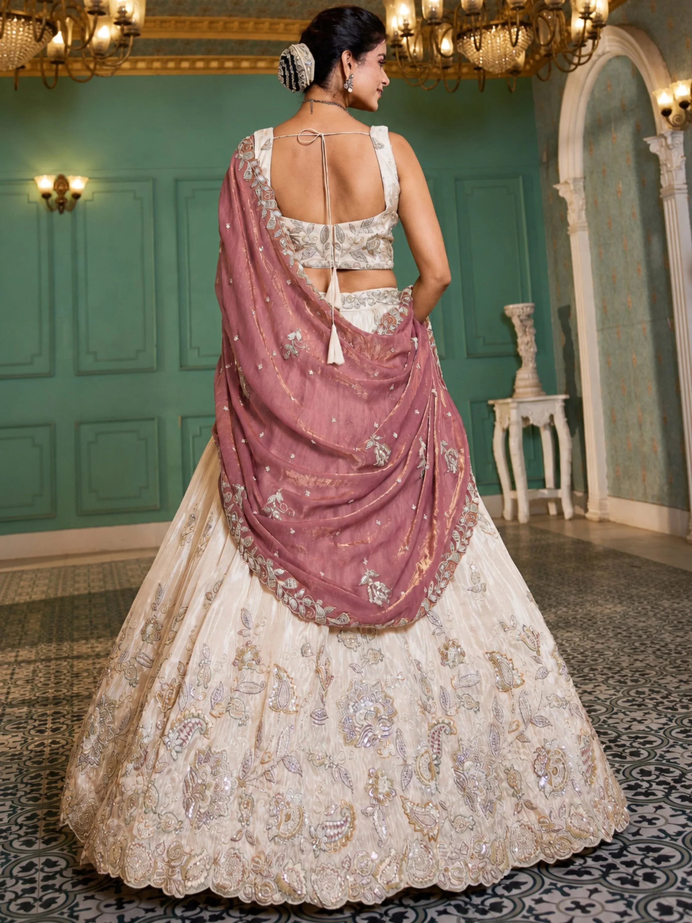 Splendid Cream Dori Embroidered Tissue Wedding Wear Lehenga Choli