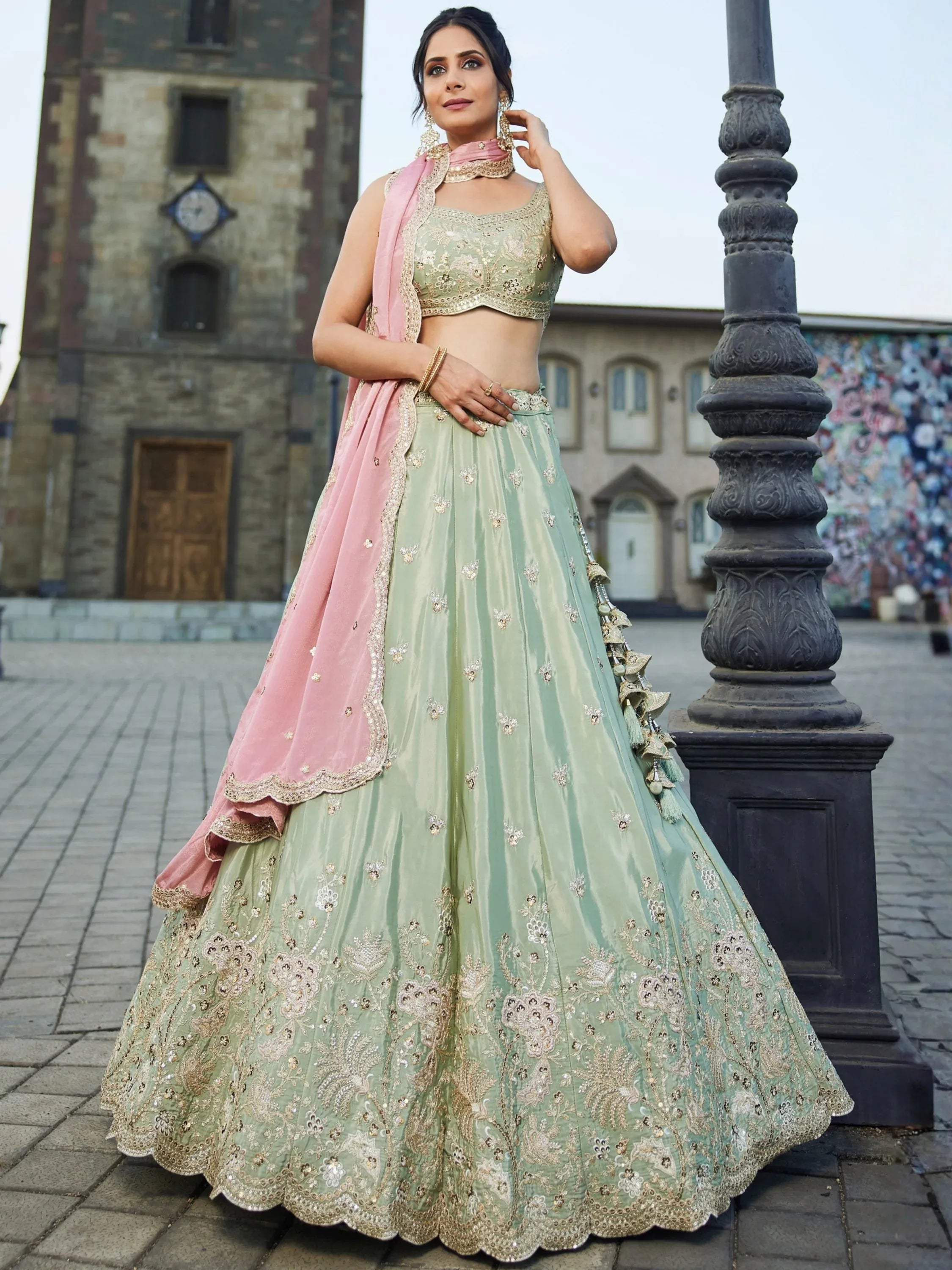 Lovable Pista Green Zari Work Reception Wear Lehenga Choli With Dupatta