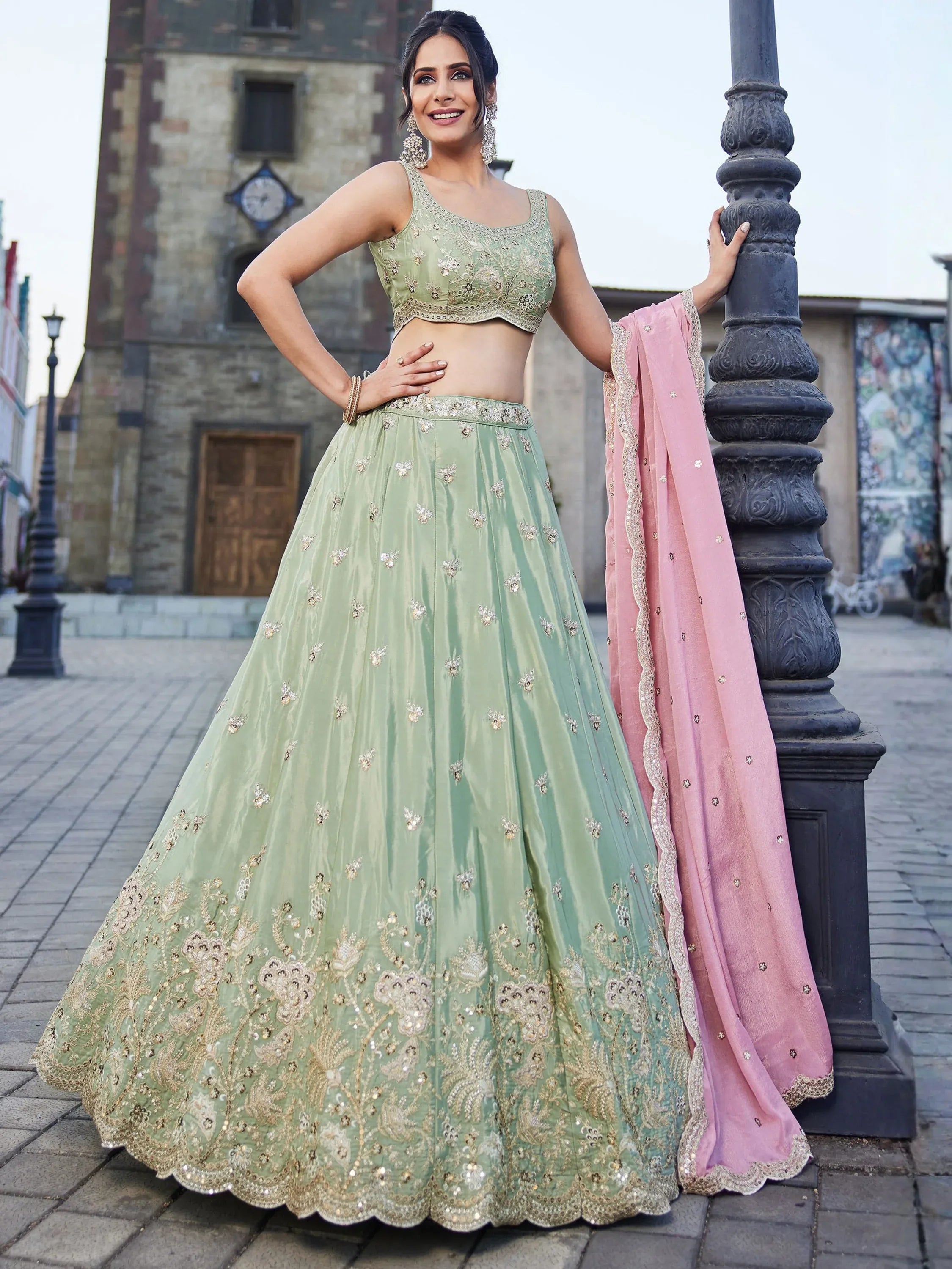 Lovable Pista Green Zari Work Reception Wear Lehenga Choli With Dupatta