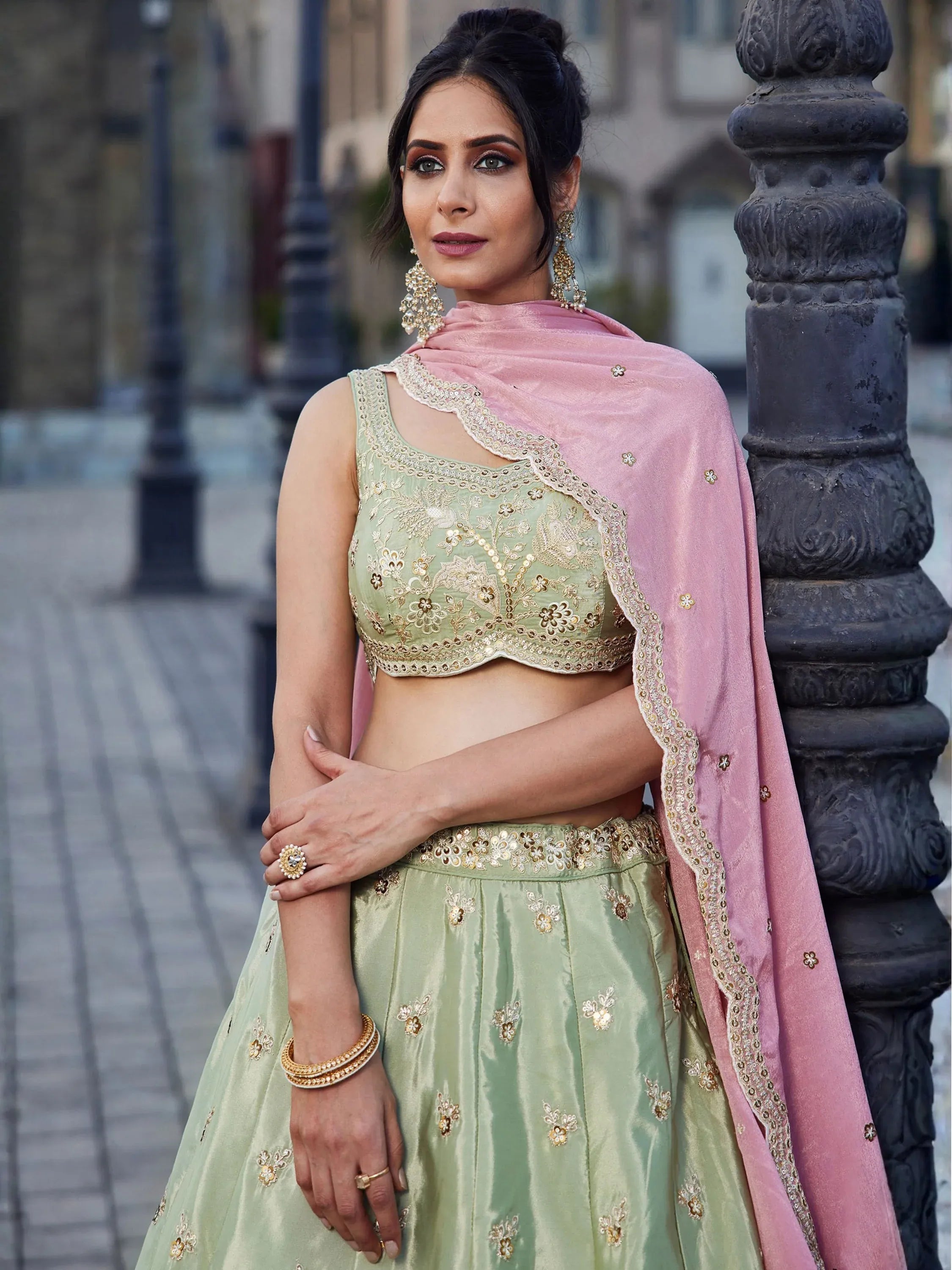 Lovable Pista Green Zari Work Reception Wear Lehenga Choli With Dupatta