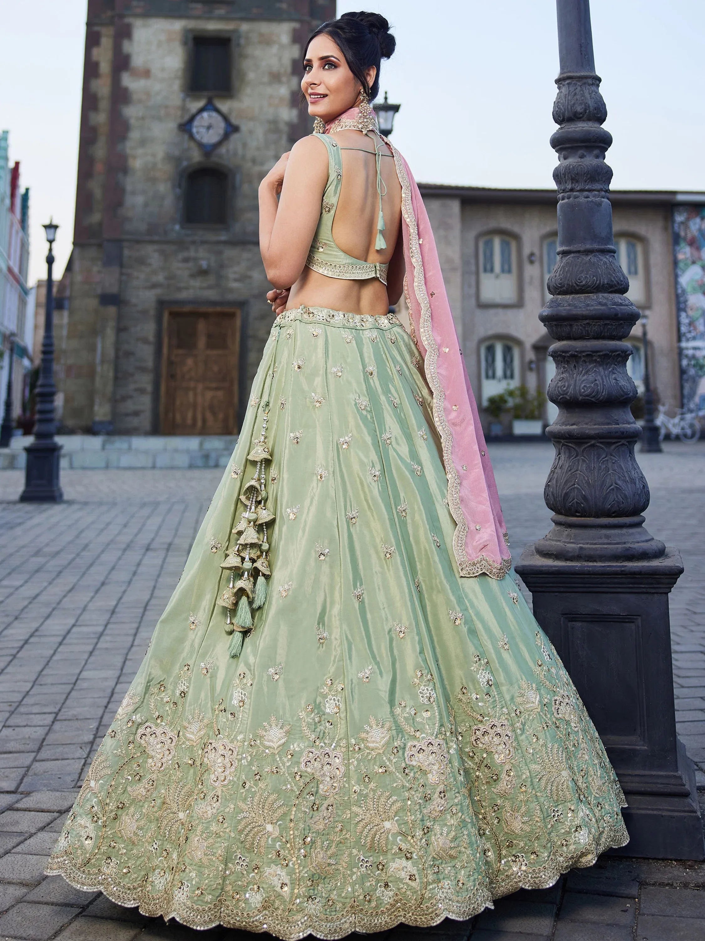 Lovable Pista Green Zari Work Reception Wear Lehenga Choli With Dupatta