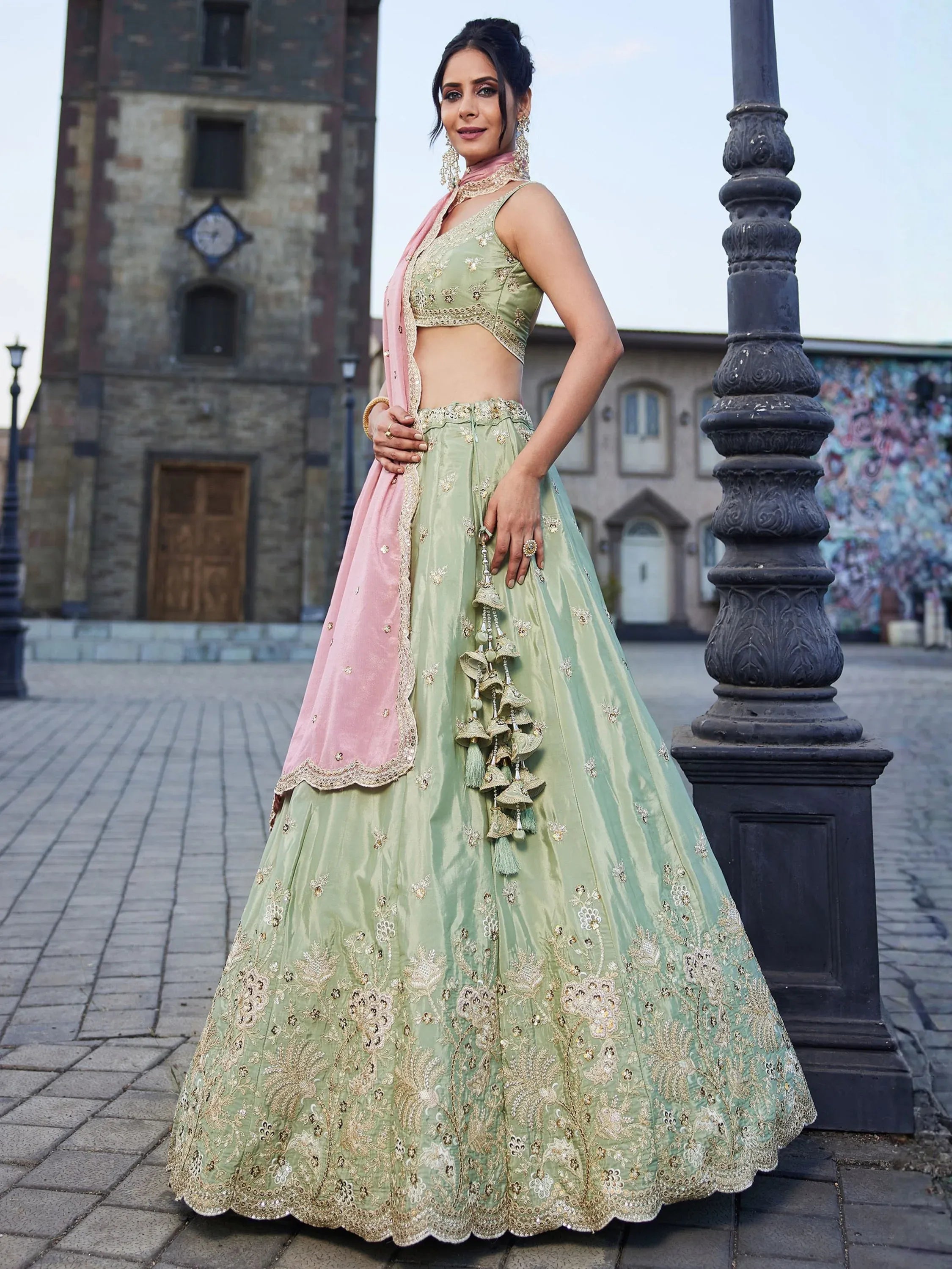 Lovable Pista Green Zari Work Reception Wear Lehenga Choli With Dupatta