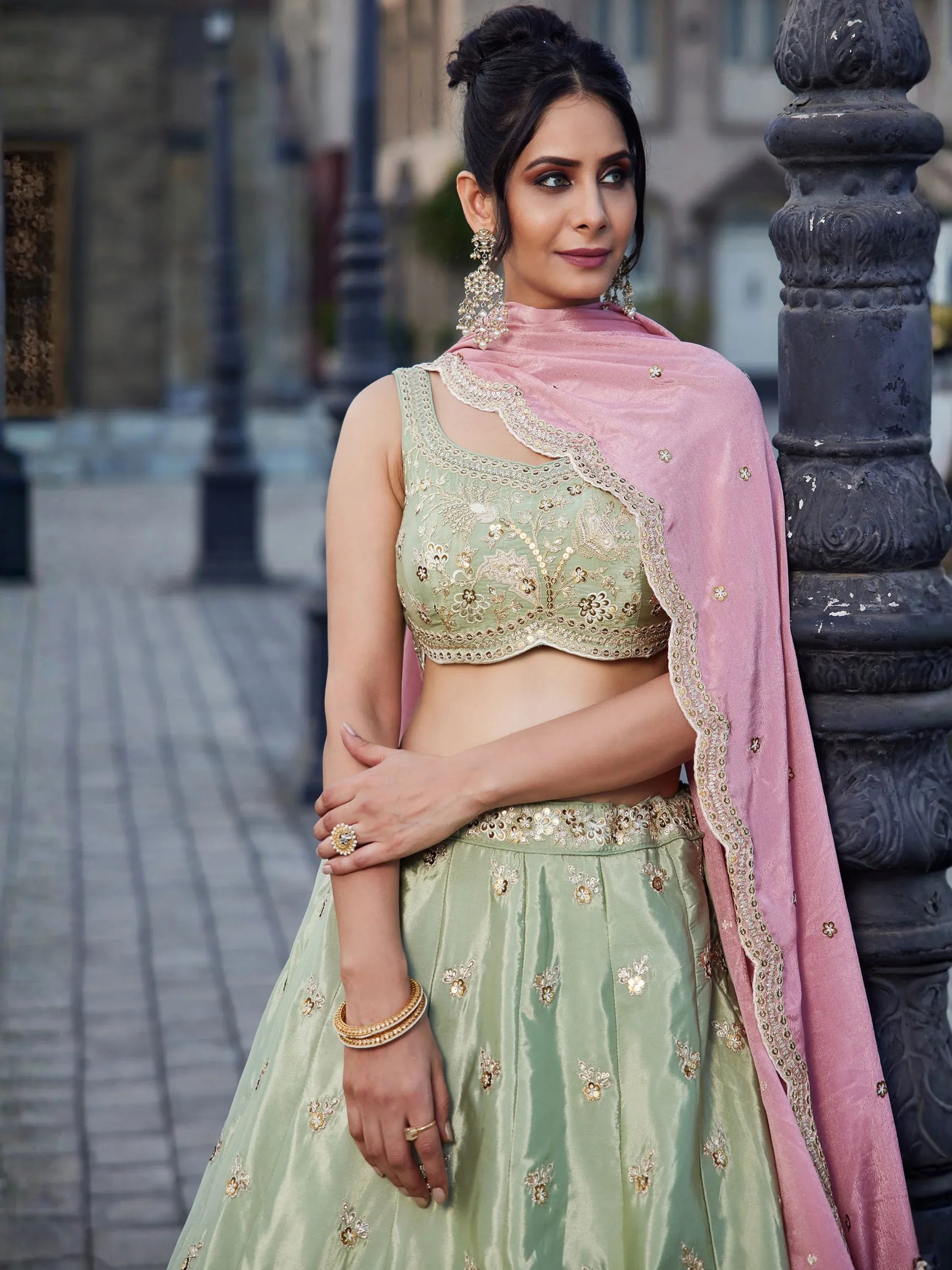 Lovable Pista Green Zari Work Reception Wear Lehenga Choli With Dupatta