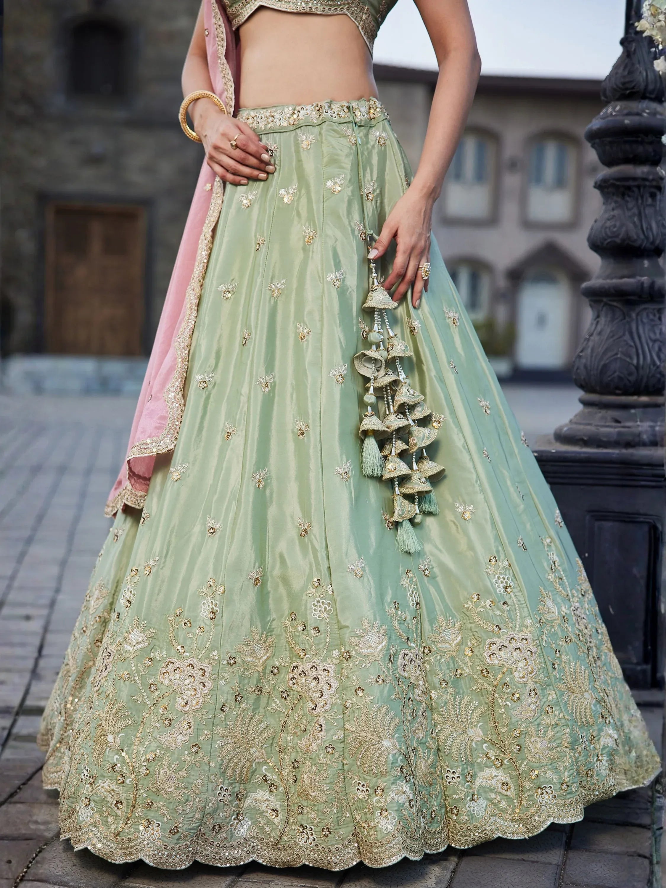 Lovable Pista Green Zari Work Reception Wear Lehenga Choli With Dupatta