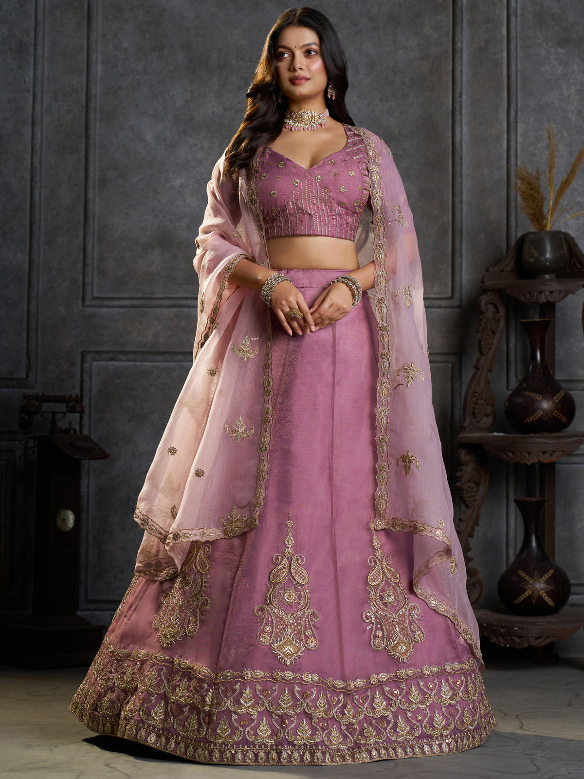 Fashionable Mauve Zari Work Organza Engagement Wear Lehenga Choli