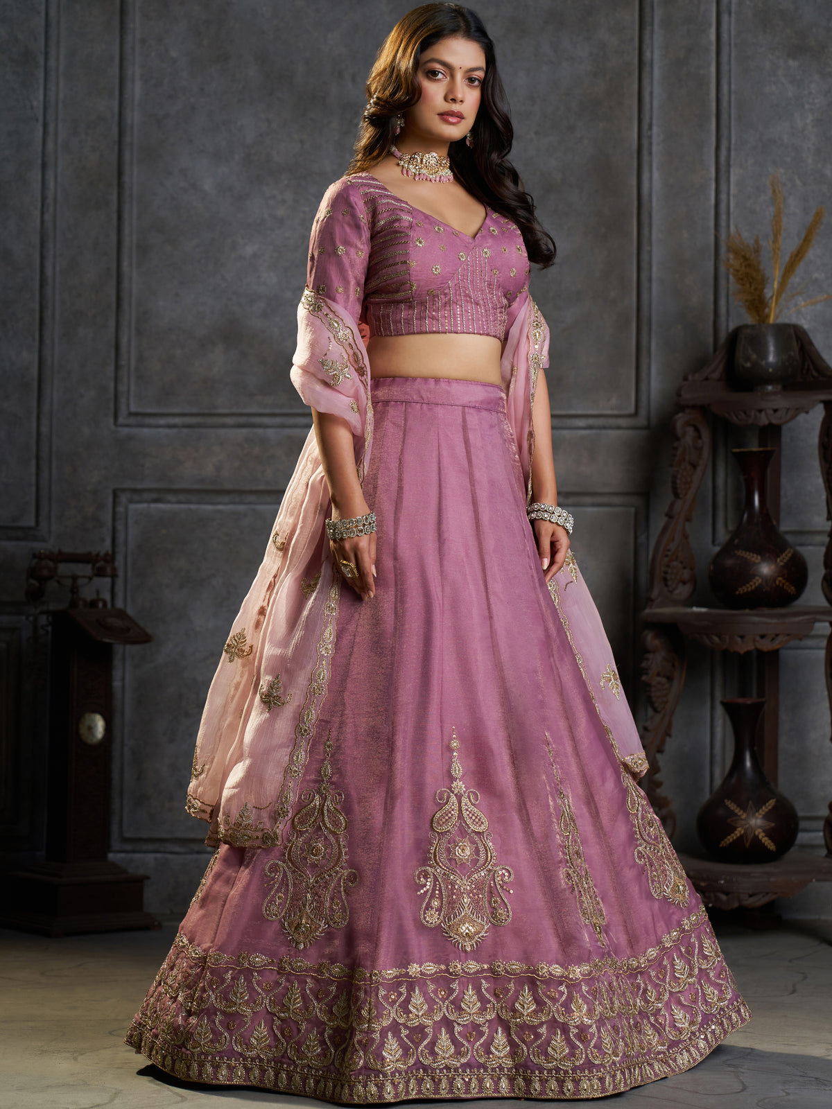 Fashionable Mauve Zari Work Organza Engagement Wear Lehenga Choli