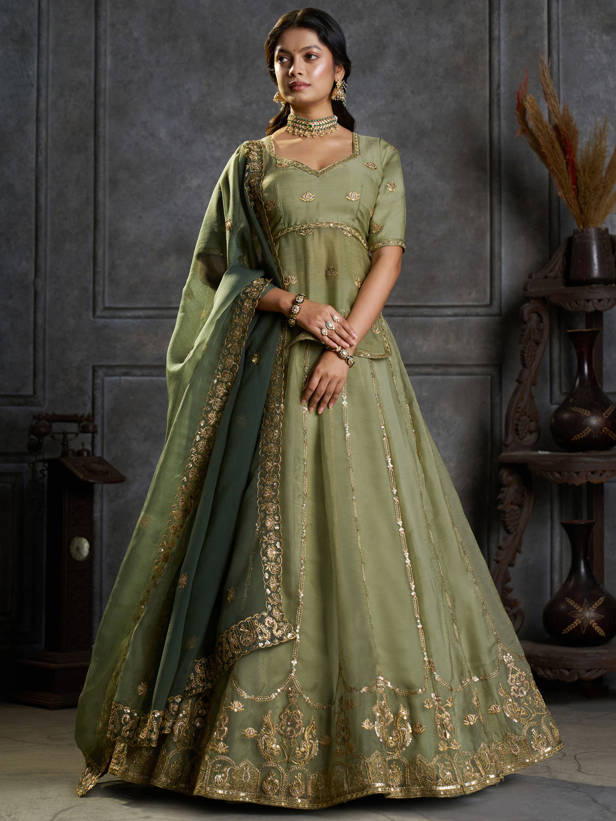 Notable Pista Green Sequins Organza Mehendi Wear Lehenga Choli