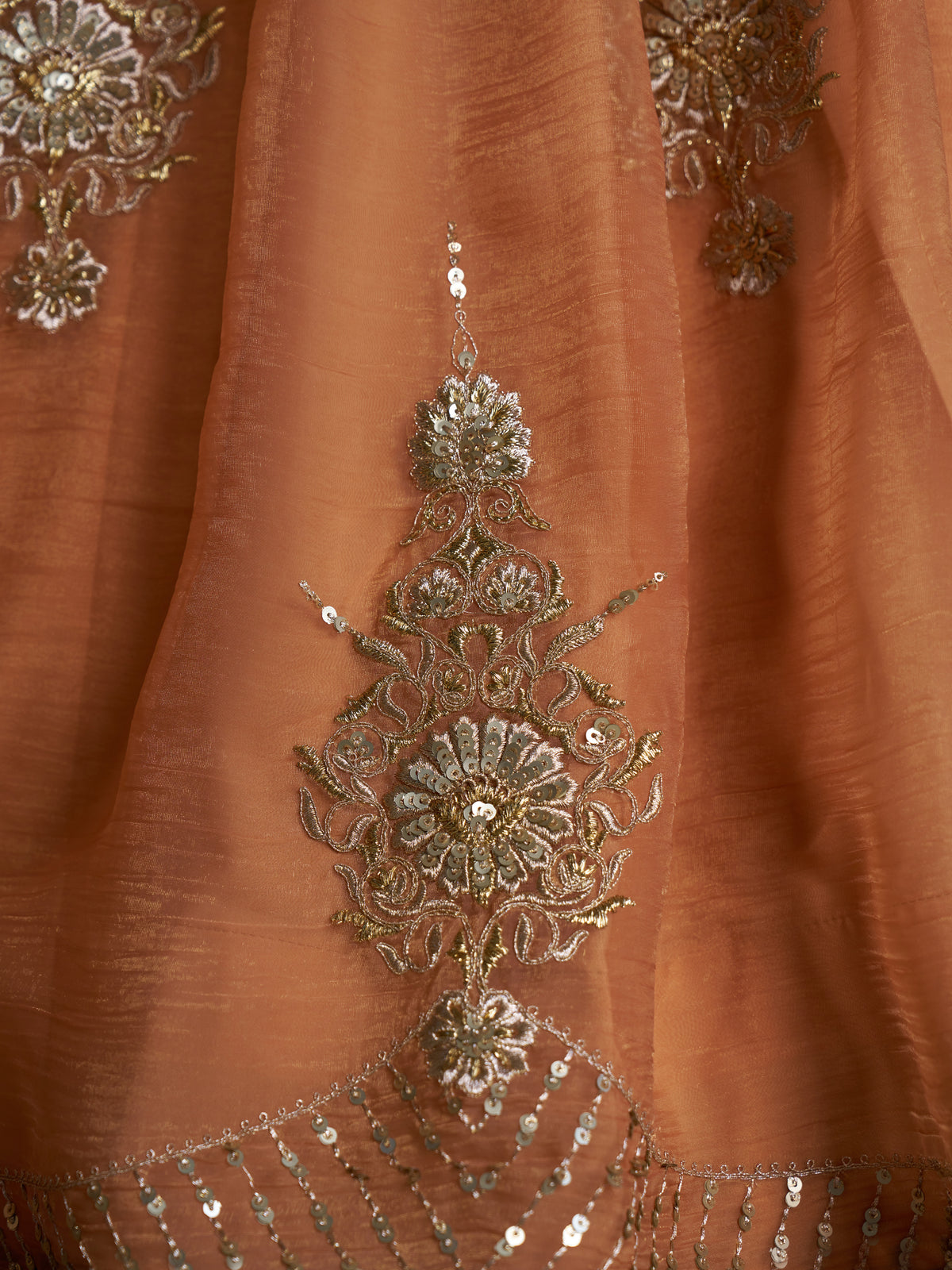 Classic Rust Orange Embroidered Organza Lehenga Choli With Dupatta