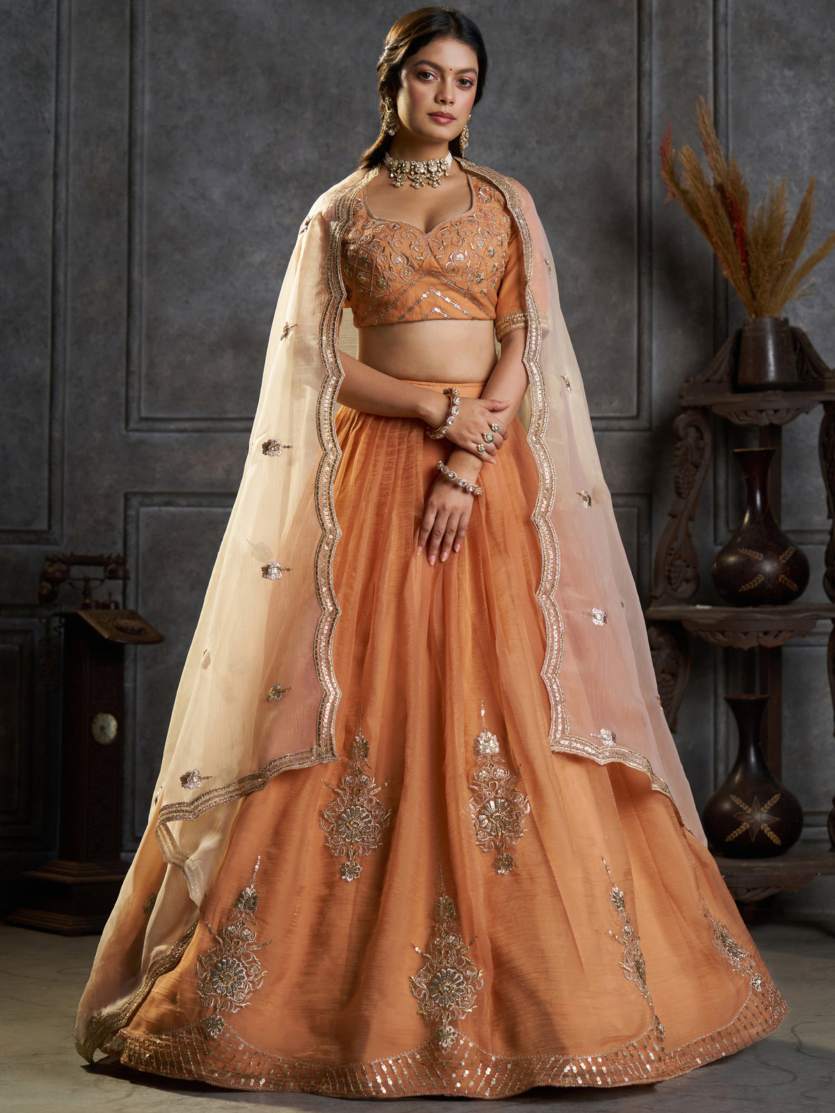 Classic Rust Orange Embroidered Organza Lehenga Choli With Dupatta