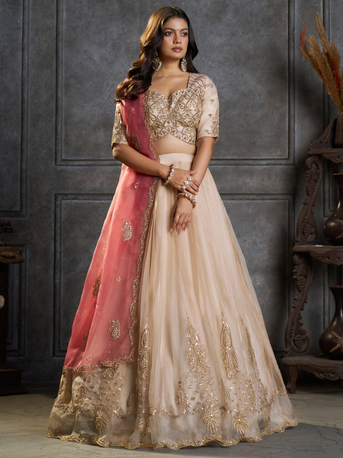 Aesthetic Cream Sequins Organza Designer Lehenga With Blouse