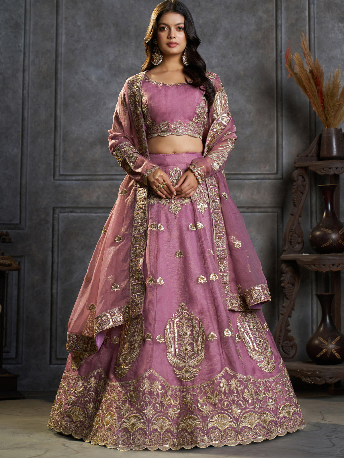Stylish Mauve Embroidered Organza Reception Wear Lehenga Choli
