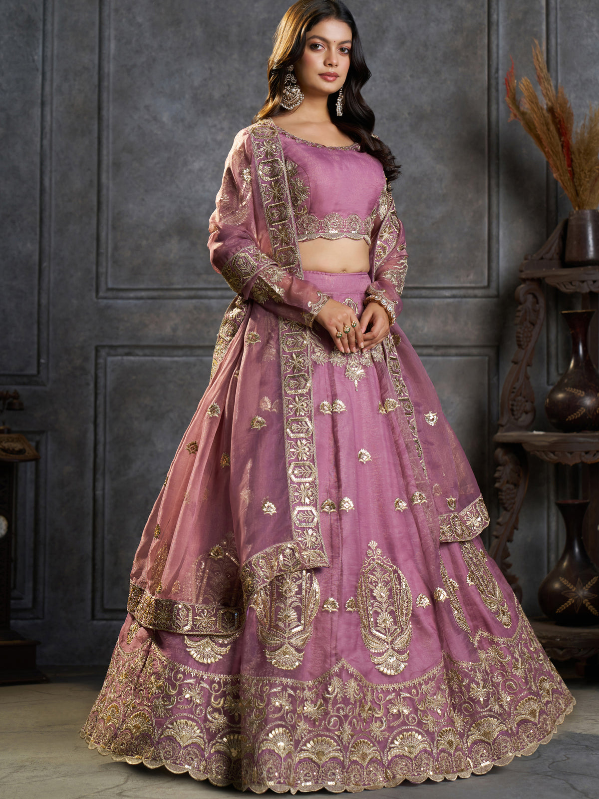 Stylish Mauve Embroidered Organza Reception Wear Lehenga Choli