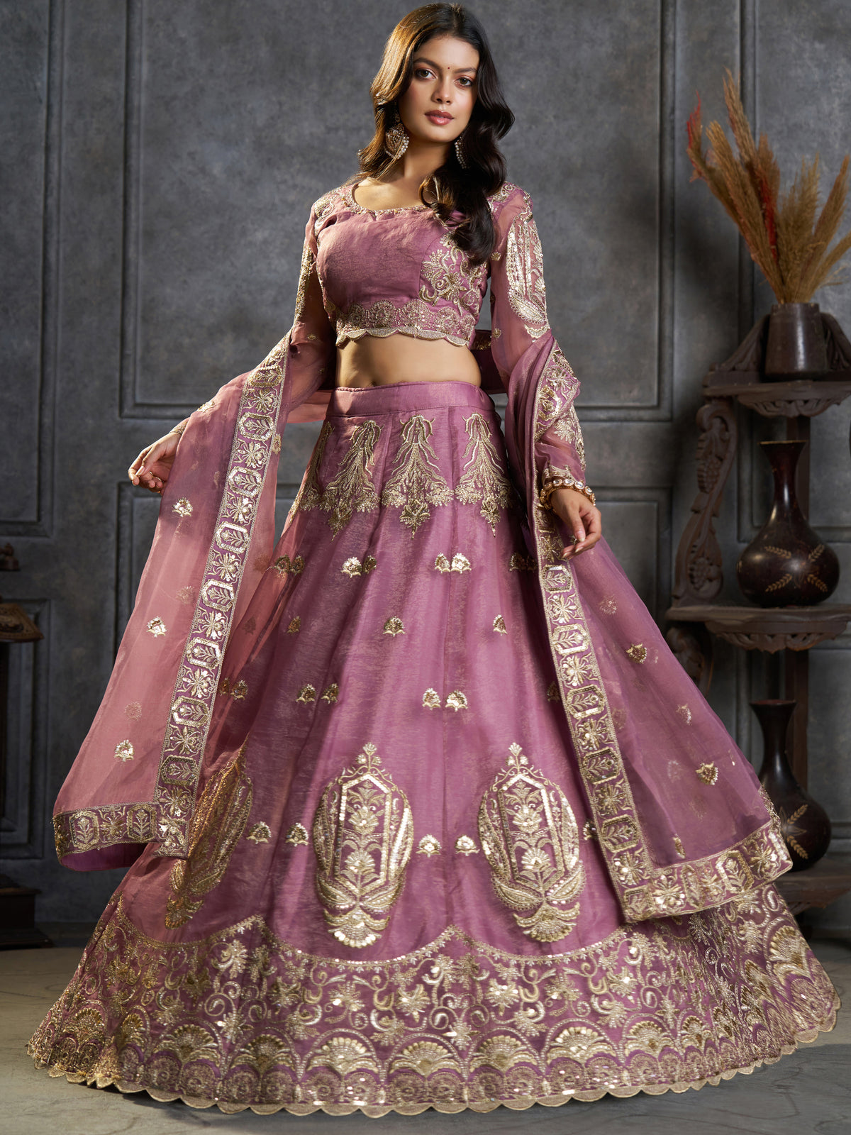 Stylish Mauve Embroidered Organza Reception Wear Lehenga Choli